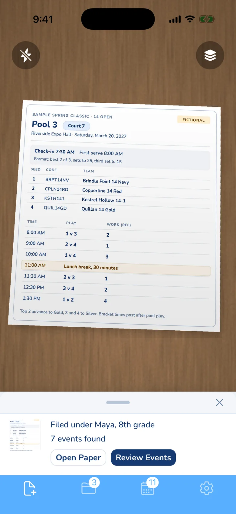 The KidsFoldr camera with the fictional sample pool sheet in the viewfinder: Sample Spring Classic, Pool 3, Court 7. The receipt below it reads "Filed under Maya, 8th grade" with Open Paper and Review Events buttons.