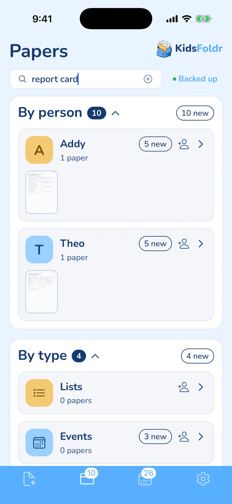The KidsFoldr Papers tab with "report card" typed in the search. Under By person, Addy's folder and Theo's folder each narrow to one paper, their report card. A "Backed up" chip sits beside the search.