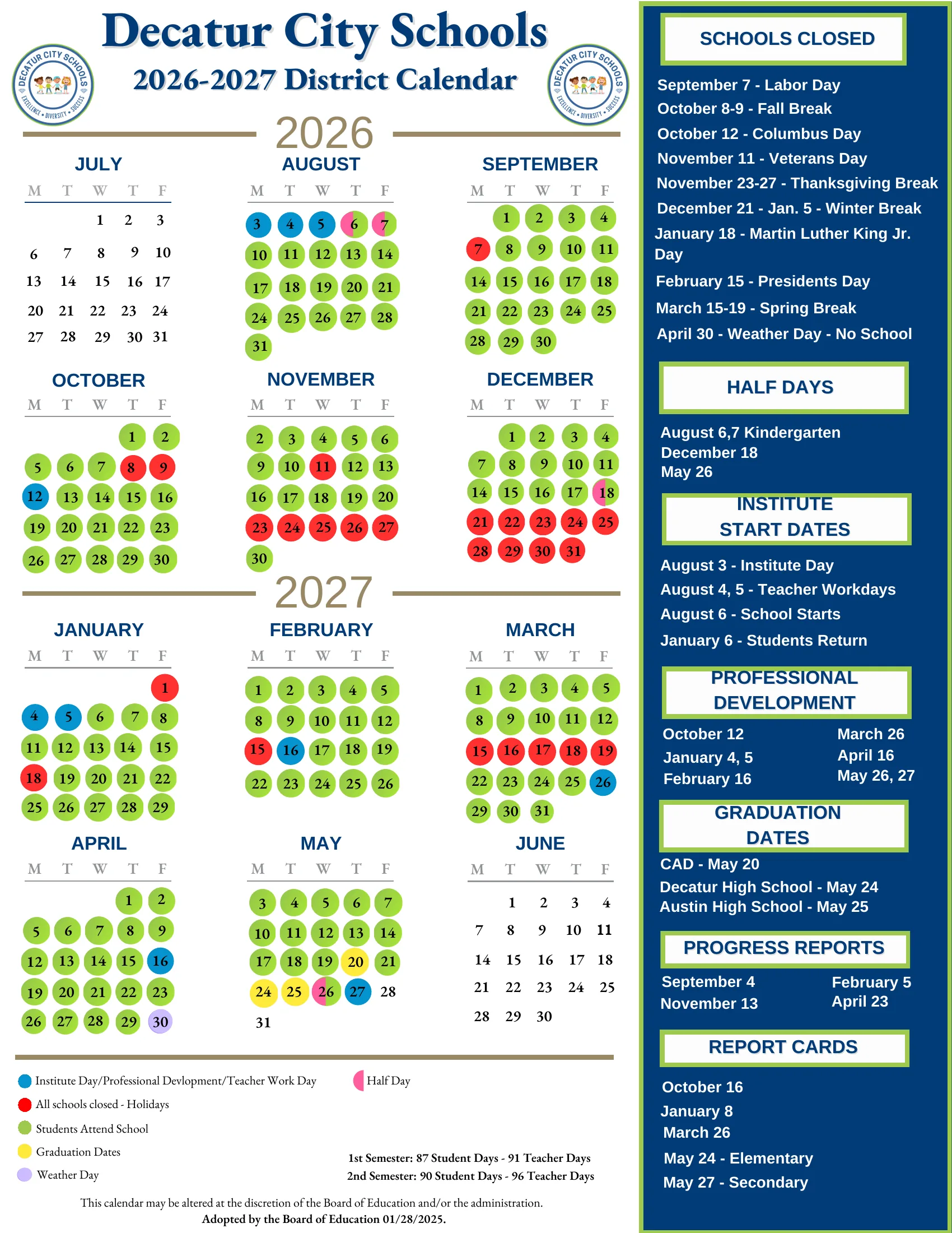 The Decatur City Schools 2026-2027 District Calendar: month grids from July 2026 to June 2027 with student days in green, holidays in red, institute, professional development and teacher workdays in blue, half days in pink, graduation dates in yellow and the weather day in purple, beside lists of closings, half days, start dates, professional development, graduations, progress reports and report cards.