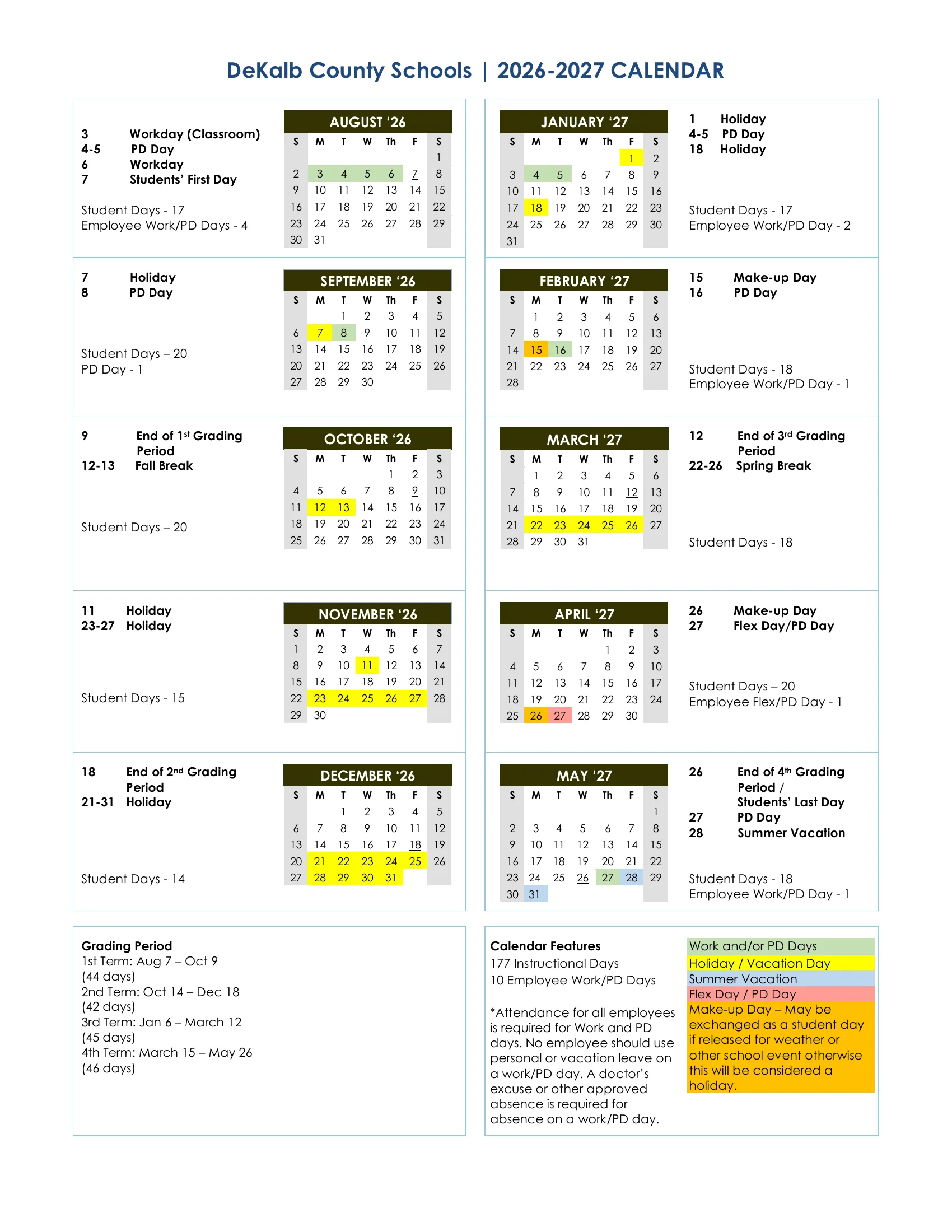 The DeKalb County Schools 2026-2027 calendar: month grids from August 2026 to May 2027 with work and PD days in green, holidays and vacation days in yellow, make-up days in orange, a flex PD day in pink and summer vacation in blue, key dates and student day counts beside each month, the four grading terms and the calendar features.