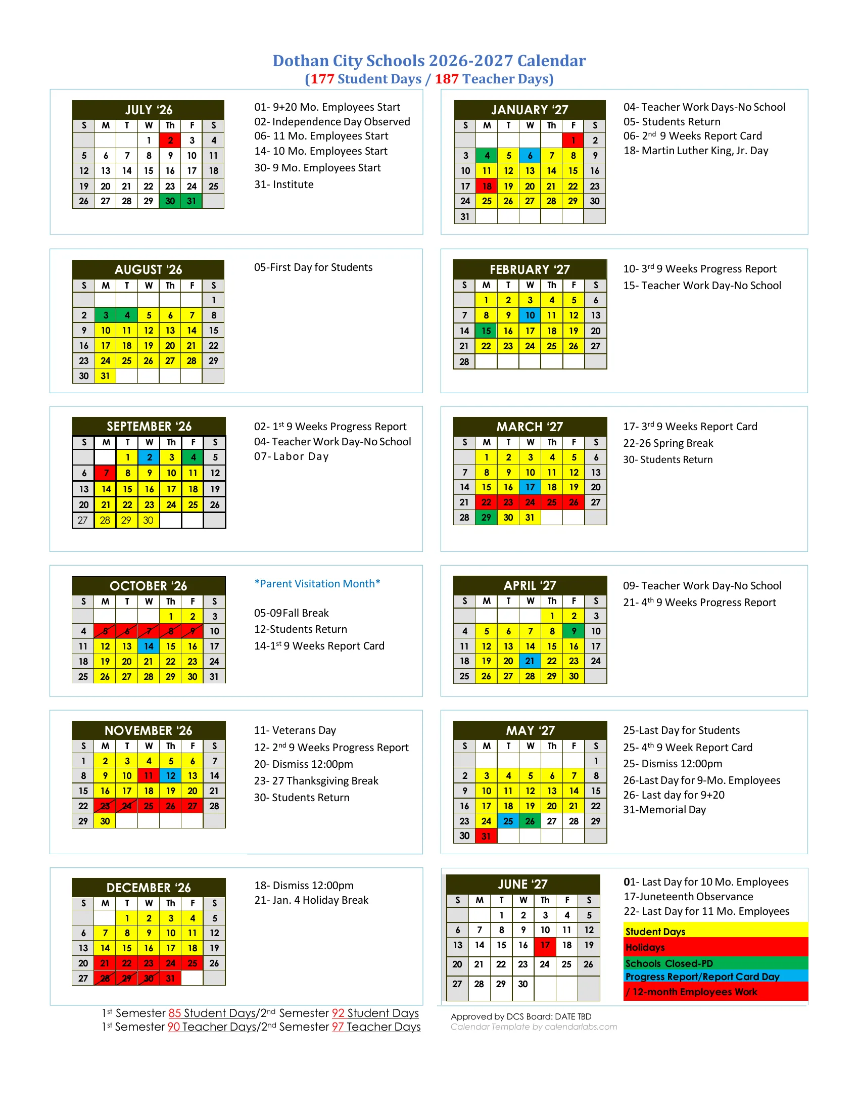 The Dothan City Schools 2026-2027 calendar: month grids from July 2026 to June 2027 with student days in yellow, holidays in red, schools-closed professional development days in green, progress report and report card days in blue, and each month's key dates.