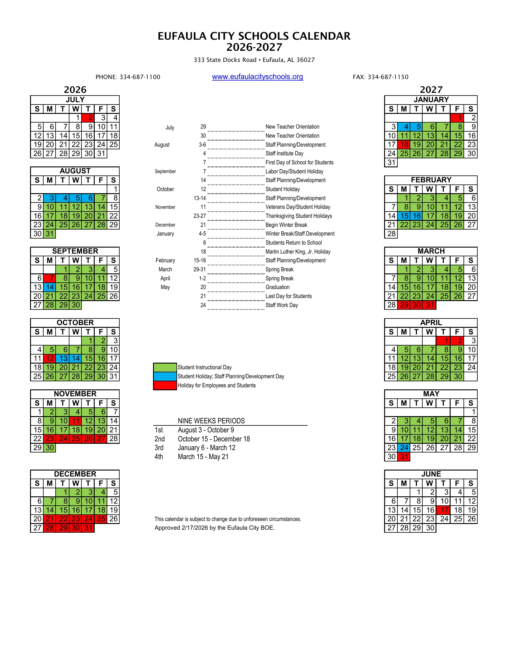 The Eufaula City Schools 2026-2027 calendar: month grids from July 2026 to June 2027 with student instructional days in green, student holidays and staff planning days in blue, holidays for employees and students in red, a list of key dates and the nine weeks periods.