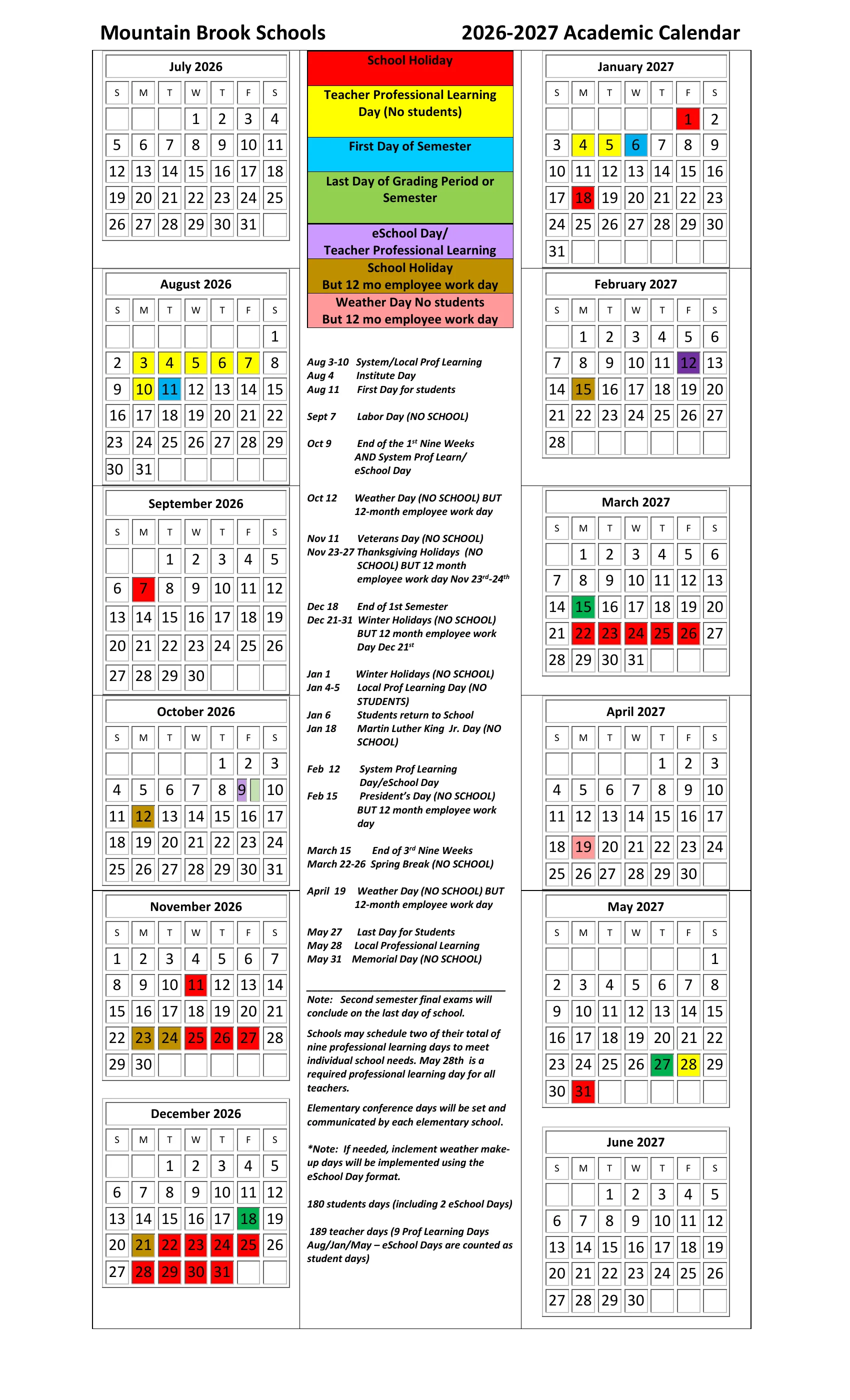 The Mountain Brook Schools 2026-2027 Academic Calendar: month grids from July 2026 to June 2027 with school holidays in red, teacher professional learning days in yellow, first days of semester in blue, ends of grading periods in green, eSchool days in purple, holidays that are 12-month employee workdays in gold and weather days in pink, with a color key and a dated list of key days in the middle column.