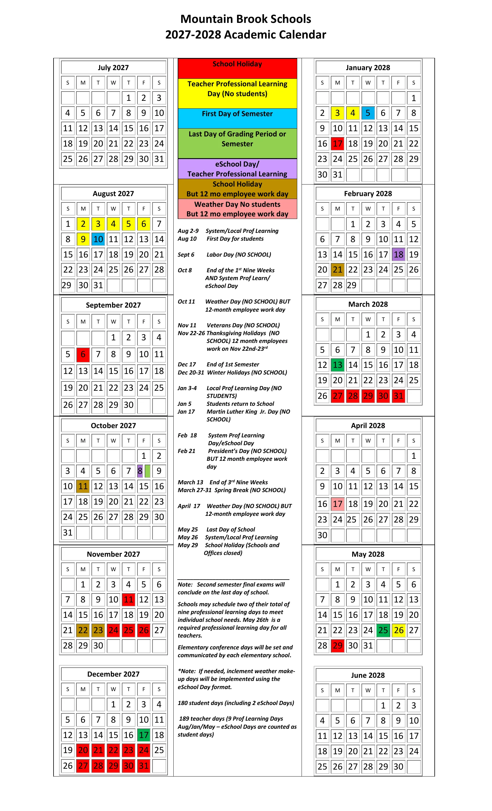 The Mountain Brook Schools 2027-2028 Academic Calendar: month grids from July 2027 to June 2028 with school holidays in red, teacher professional learning days in yellow, first days of semester in blue, ends of grading periods in green, eSchool days in purple, holidays that are 12-month employee workdays in gold and weather days in pink, with a color key and a dated list of key days in the middle column.