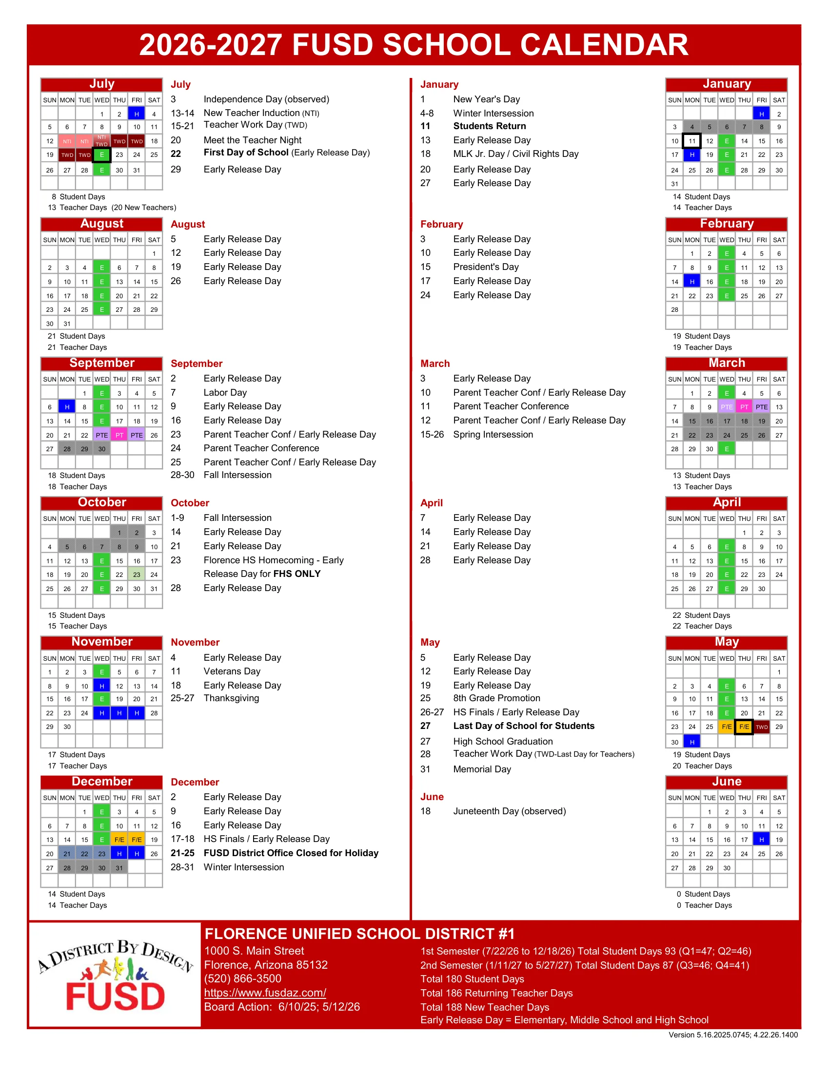 The 2026-2027 FUSD School Calendar: month grids from July 2026 to June 2027 with holidays (H) in blue, Wednesday early release days (E) in green, intersession breaks in gray, teacher days, parent-teacher conference days (PTE, PT) and high school finals (F/E) marked, a list of dates beside each month, monthly student and teacher day counts, and semester totals.