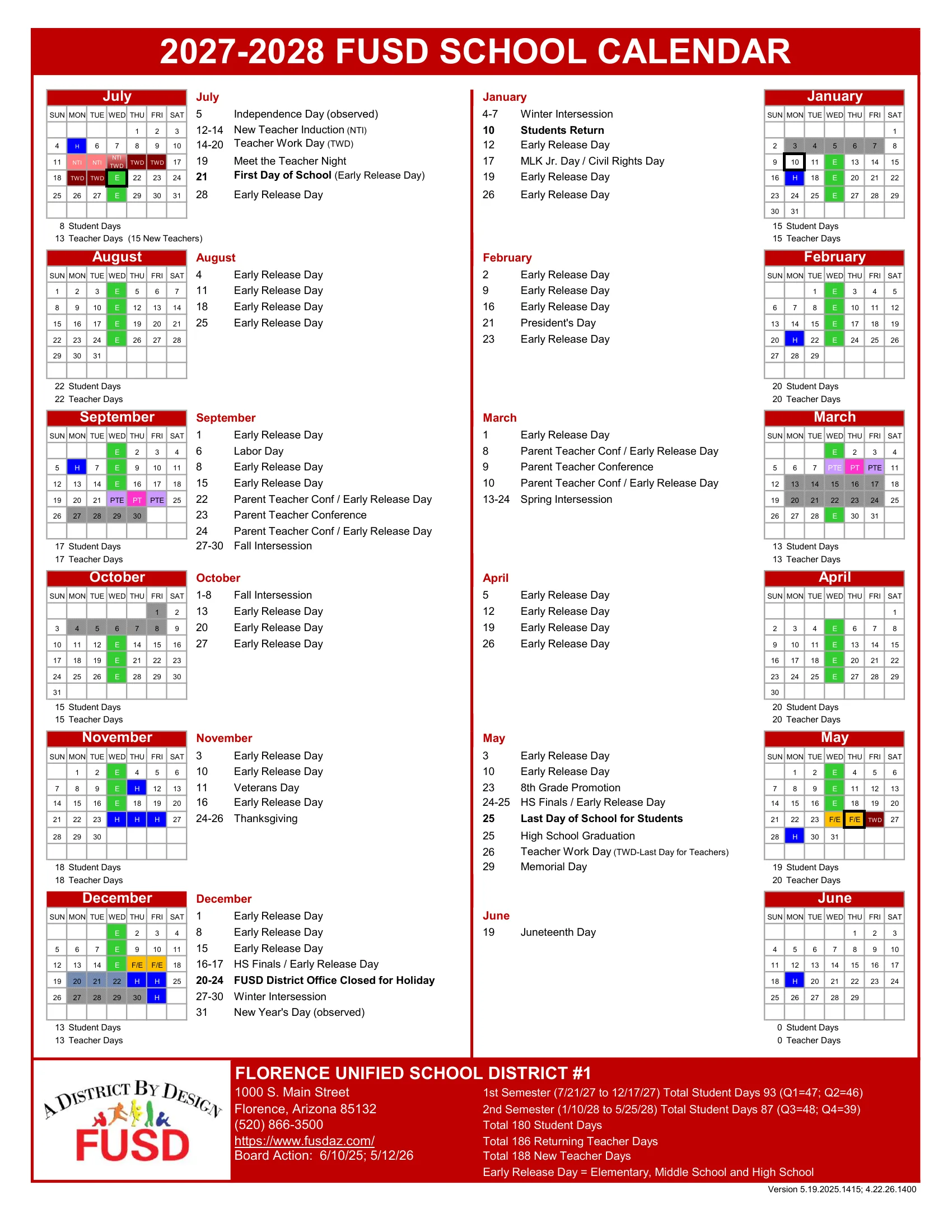 The 2027-2028 FUSD School Calendar: month grids from July 2027 to June 2028 with holidays (H) in blue, Wednesday early release days (E) in green, intersession breaks in gray, teacher days, parent-teacher conference days (PTE, PT) and high school finals (F/E) marked, a list of dates beside each month, monthly student and teacher day counts, and semester totals.