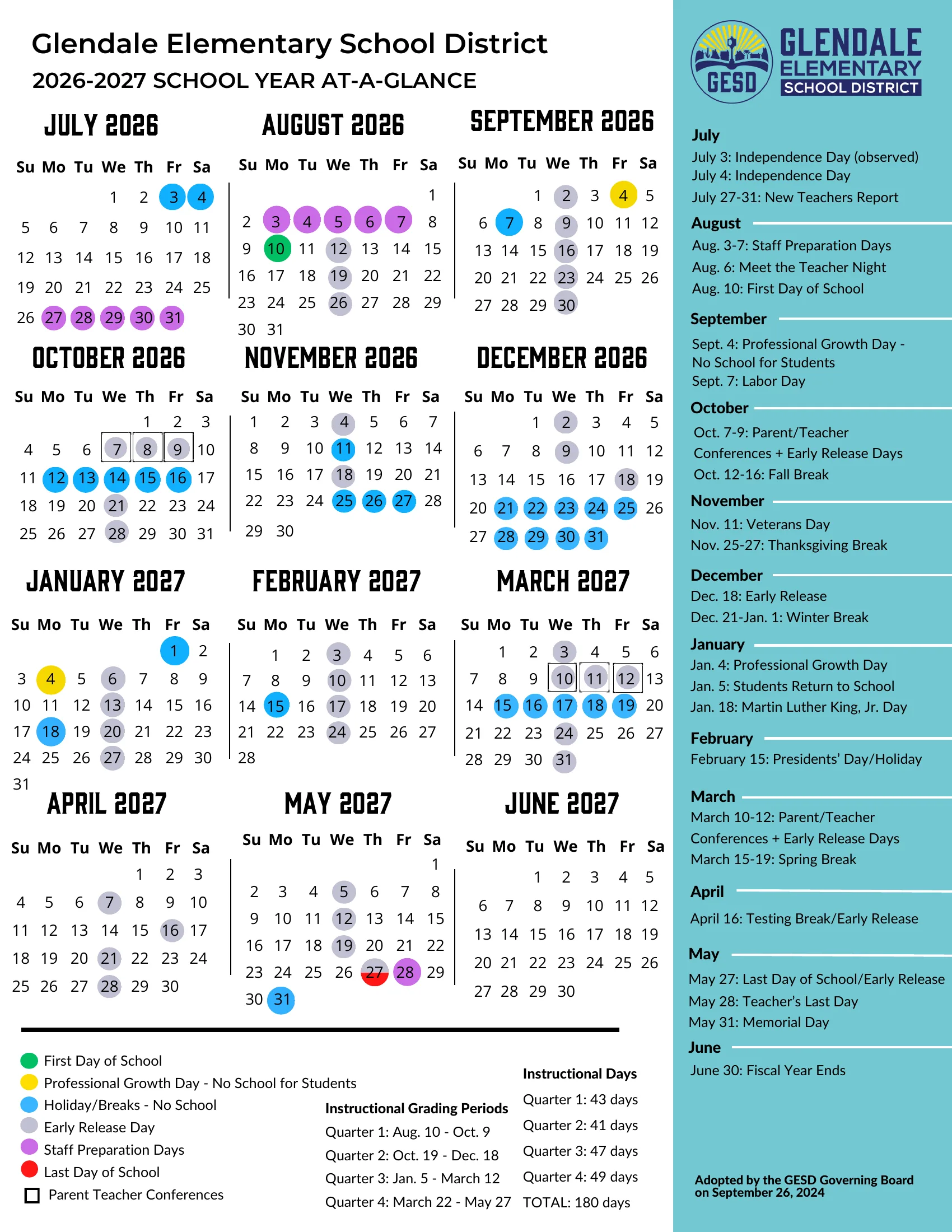 The Glendale Elementary School District 2026-2027 School Year At-a-Glance: month grids from July to June with the first day in green, professional growth days in yellow, holidays and breaks in blue, early release days in gray, staff preparation days in purple, the last day in red and conference days boxed, beside a month-by-month list of dates, the quarter dates and the instructional day counts.