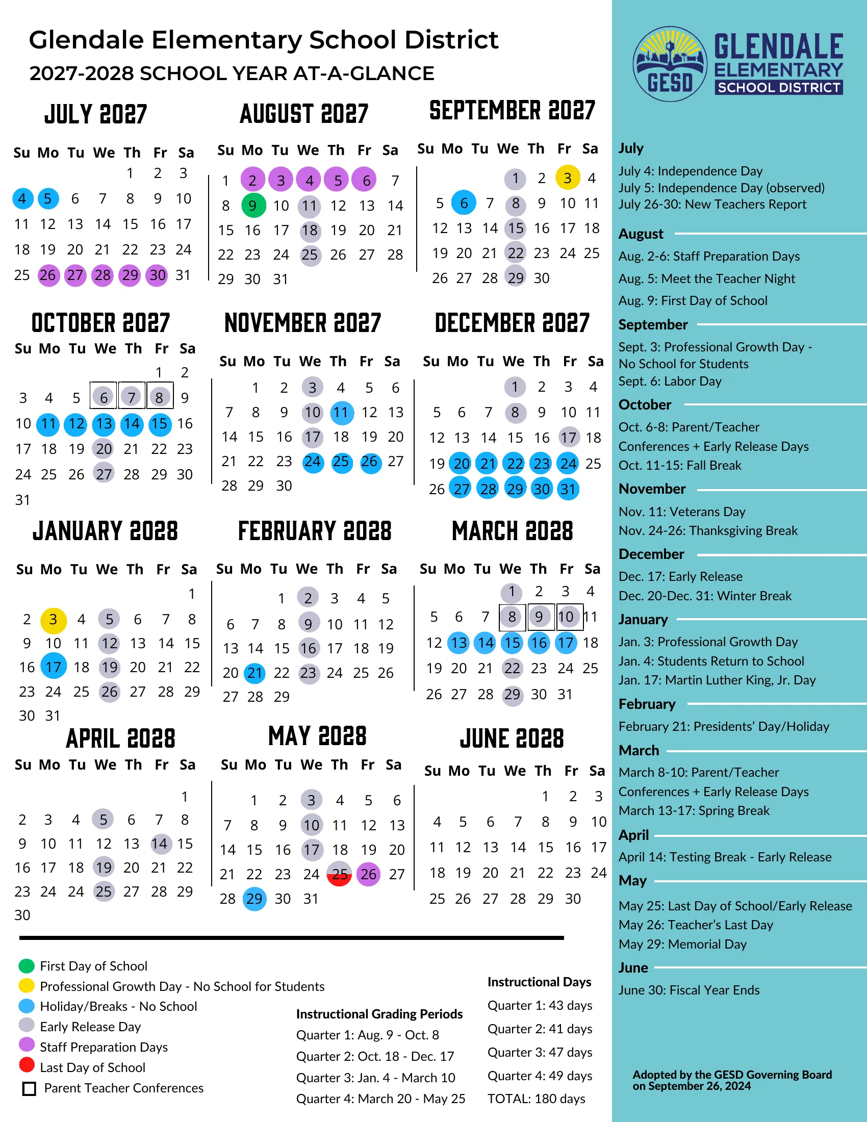 The Glendale Elementary School District 2027-2028 School Year At-a-Glance: month grids from July to June with the first day in green, professional growth days in yellow, holidays and breaks in blue, early release days in gray, staff preparation days in purple, the last day in red and conference days boxed, beside a month-by-month list of dates, the quarter dates and the instructional day counts.