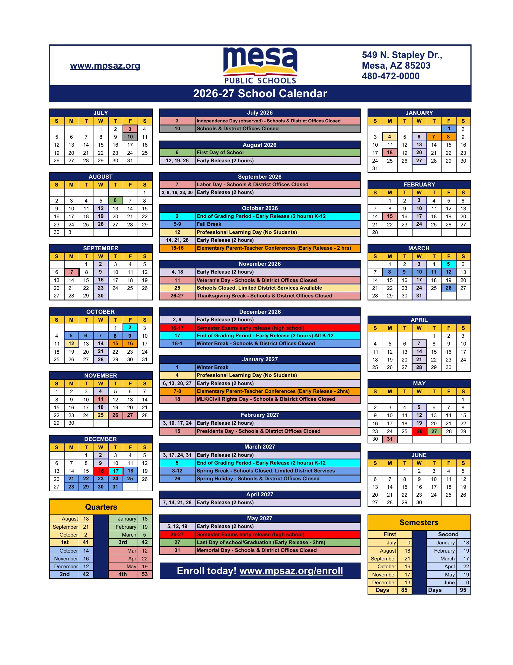 The Mesa Public Schools 2026-27 School Calendar: month grids from July 2026 to June 2027 colored for closures (red), breaks (blue), Wednesday early releases (lavender), end of grading periods (cyan), conferences (orange), semester exams (bright red), professional learning days (yellow) and the first and last days (green), a dated list for each month, and quarter and semester day count tables.
