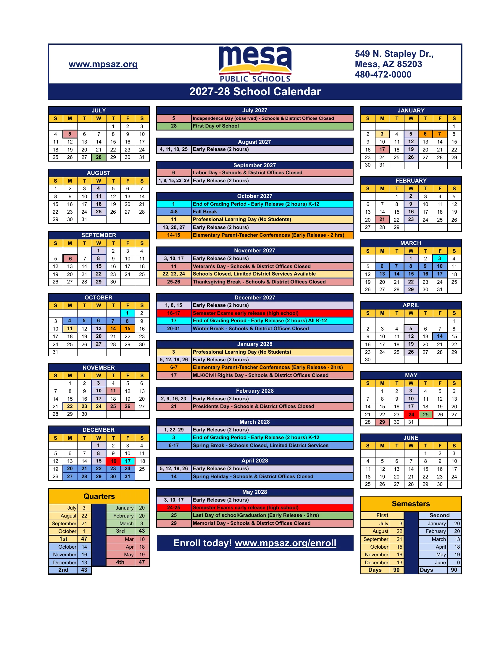 The Mesa Public Schools 2027-28 School Calendar: month grids from July 2027 to June 2028 colored for closures (red), breaks (blue), Wednesday early releases (lavender), end of grading periods (cyan), conferences (orange), semester exams (bright red), professional learning days (yellow) and the first and last days (green), a dated list for each month, and quarter and semester day count tables.