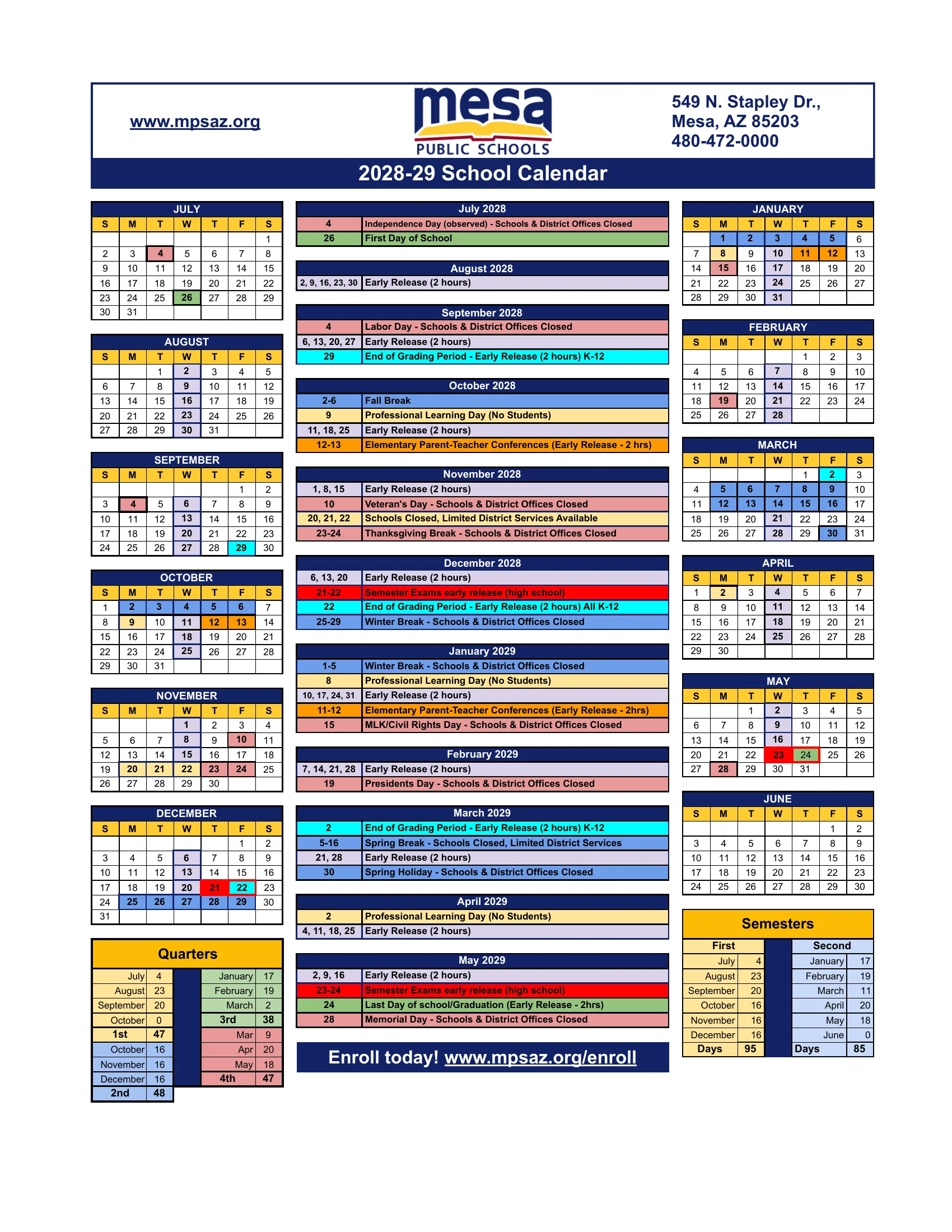 The Mesa Public Schools 2028-29 School Calendar: month grids from July 2028 to June 2029 colored for closures (red), breaks (blue), Wednesday early releases (lavender), end of grading periods (cyan), conferences (orange), semester exams (bright red), professional learning days (yellow) and the first and last days (green), a dated list for each month, and quarter and semester day count tables.