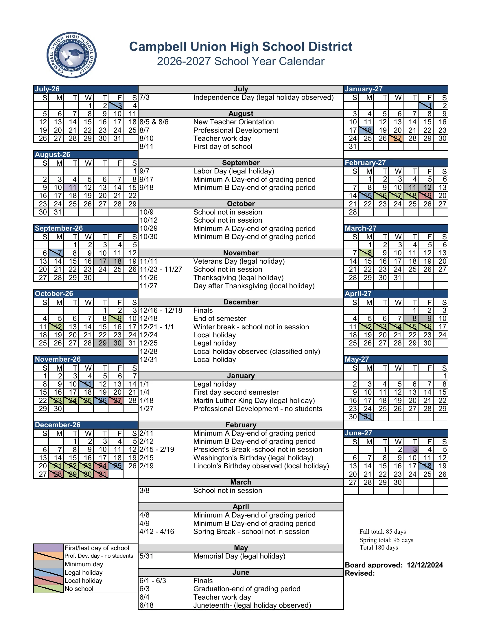 The Campbell Union High School District 2026-27 school year calendar: month grids from July 2026 to June 2027 with first and last days in purple, professional development in orange, minimum days in gray, legal holidays in blue, local holidays in red and no-school days in green, beside a month-by-month list of dates and the fall and spring day totals.