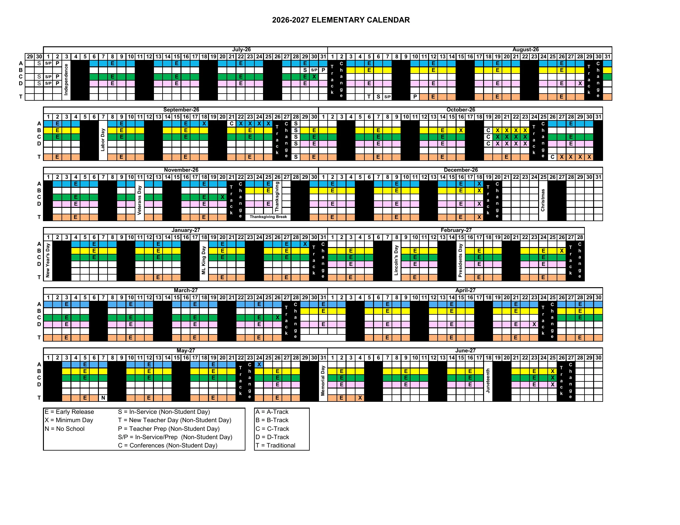 The Corona-Norco Unified 2026-2027 Elementary Calendar: one row of days per month from July 2026 to June 2027, with a line for each year-round track A to D and the Traditional (T) track, weekends in black, holidays labeled, early release days marked E, minimum days X, staff days S, P and T, conference days C, and a legend.