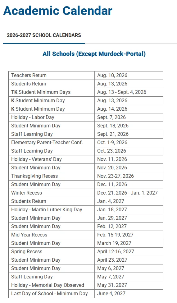 Our screenshot of the Cupertino Union School District Academic Calendar page, 2026-2027 School Calendars, All Schools (Except Murdock-Portal): a table of events and dates from Teachers Return Aug. 10, 2026 and Students Return Aug. 13 to Last Day of School June 4, 2027, with holidays, recesses, staff learning days, minimum days and elementary conferences.