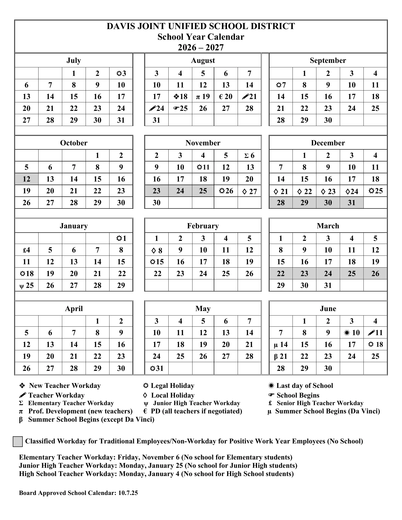 The Davis Joint Unified School District 2026-2027 school year calendar: weekday month grids from July to June with symbols for legal and local holidays, teacher workdays, the first and last day, level-specific teacher workdays, and gray no-school days.
