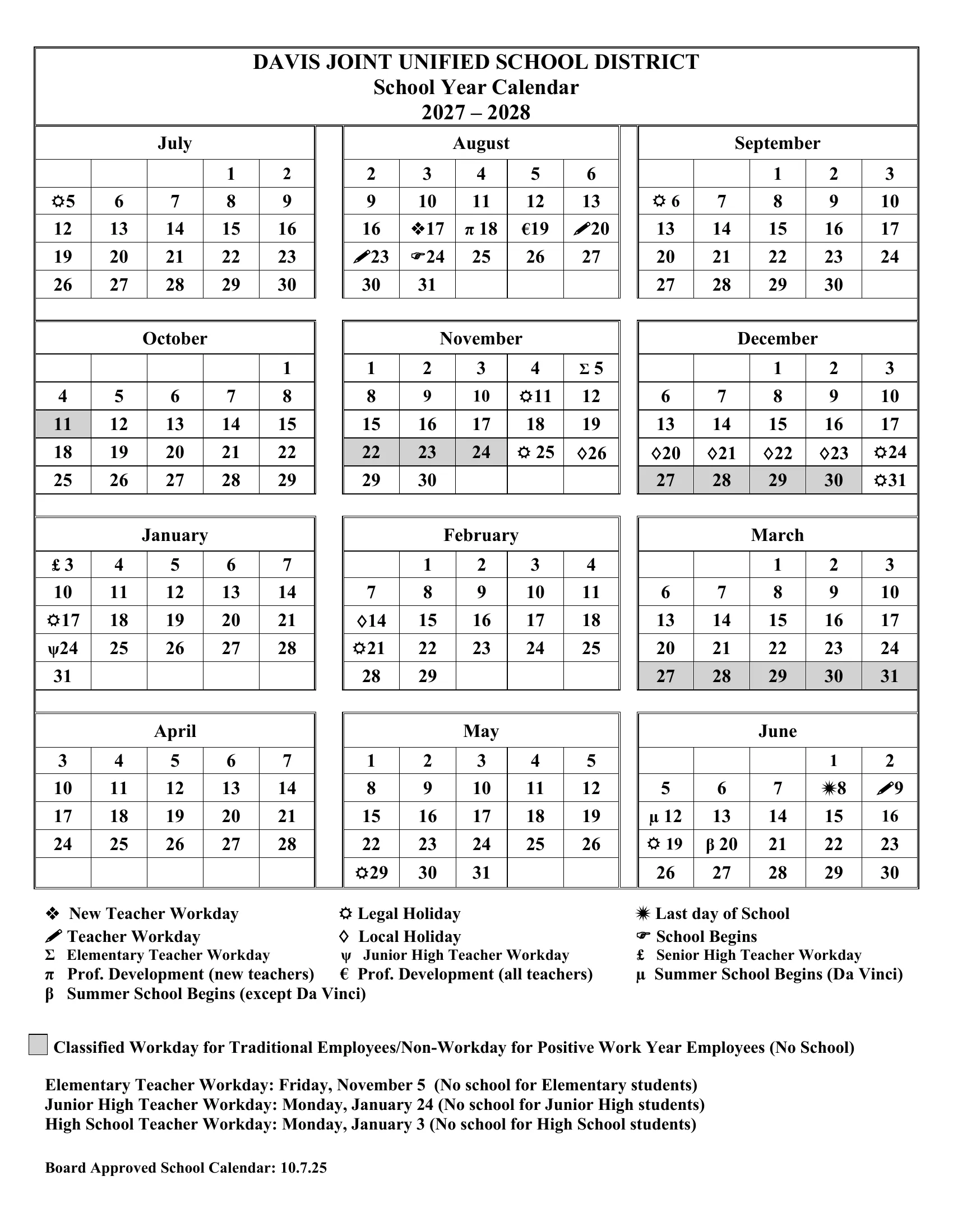 The Davis Joint Unified School District 2027-2028 school year calendar: weekday month grids from July to June with symbols for legal and local holidays, teacher workdays, the first and last day, level-specific teacher workdays, and gray no-school days.