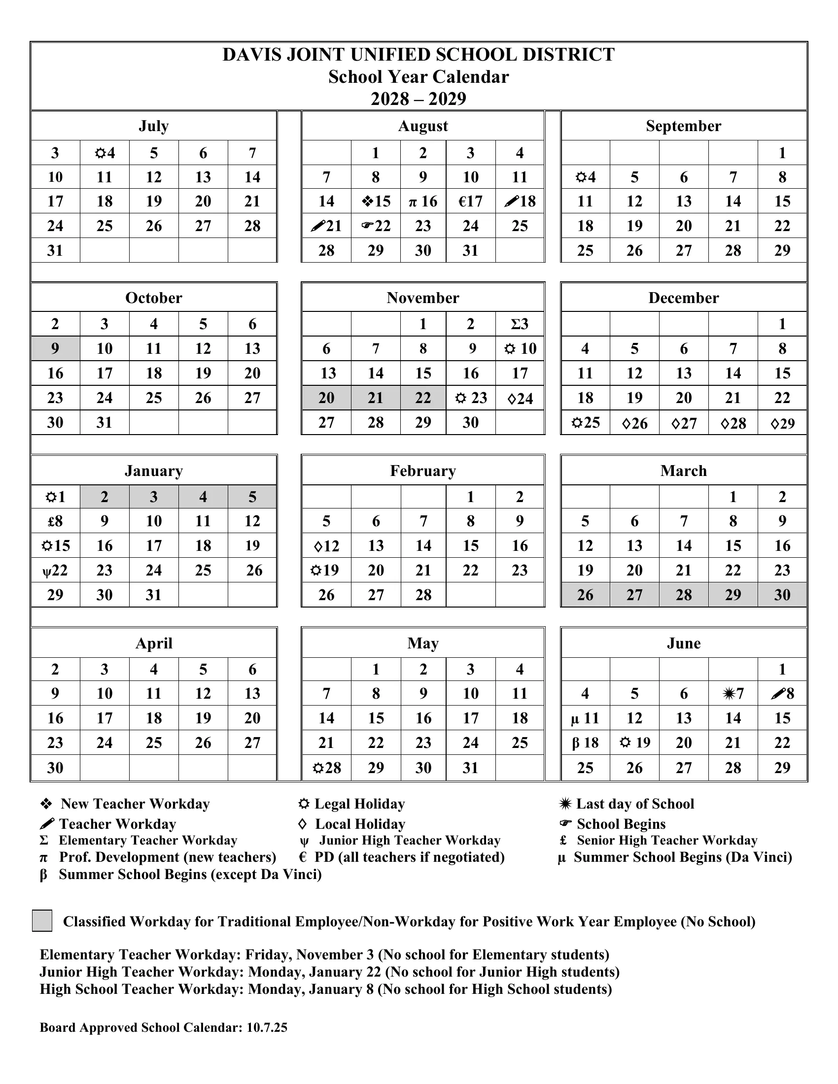 The Davis Joint Unified School District 2028-2029 school year calendar: weekday month grids from July to June with symbols for legal and local holidays, teacher workdays, the first and last day, level-specific teacher workdays, and gray no-school days.