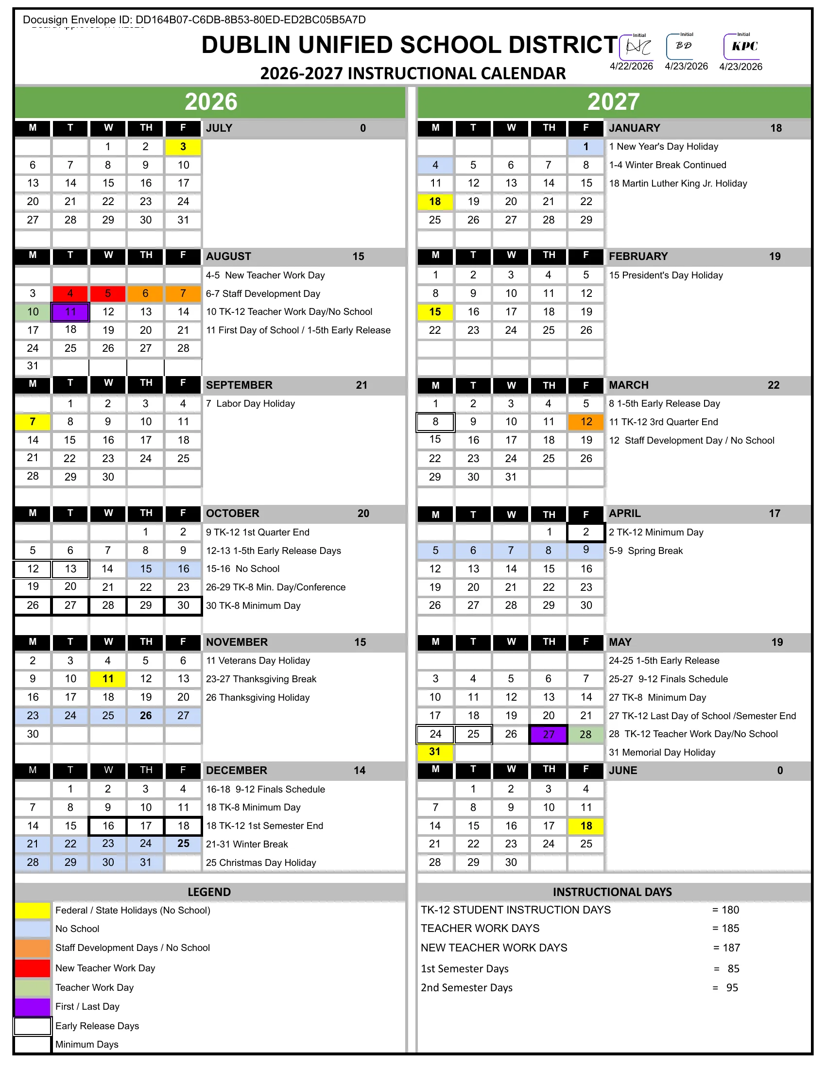 The Dublin Unified School District 2026-2027 Instructional Calendar: weekday month grids from July 2026 to June 2027 with the monthly school day count and the month's dates beside each grid, holidays in yellow, other no school days in light blue, staff days in orange, red and green, the first and last days in purple, early release days double-boxed and minimum days boxed in bold, a legend and the instructional day totals.