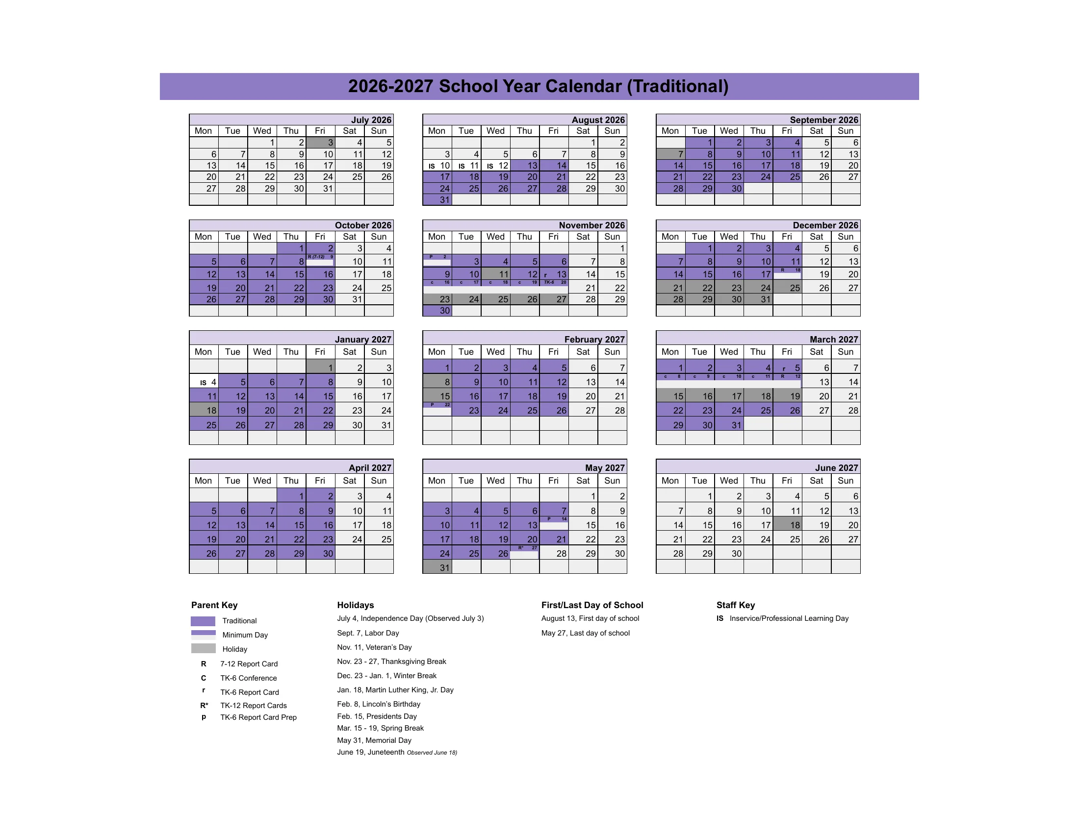 The Elk Grove Unified 2026-2027 School Year Calendar (Traditional): month grids from July 2026 to June 2027 with school days in purple, holidays in gray, minimum days as half-height purple bars marked with report card and conference codes, inservice days marked IS, and keys for parents, holidays, first and last day and staff.