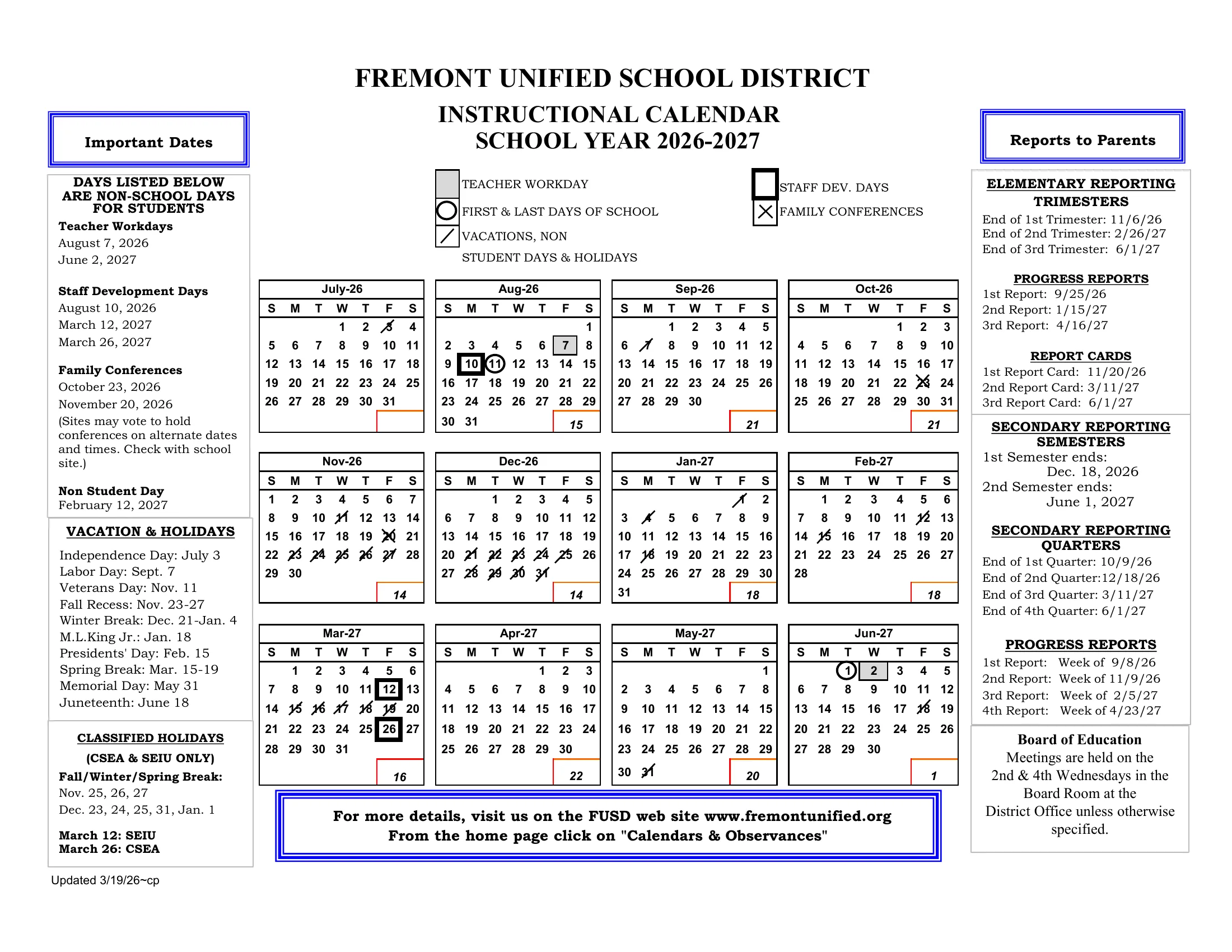 The Fremont Unified School District instructional calendar for 2026-27: month grids from July 2026 to June 2027 with the first and last days circled, teacher workdays shaded gray, staff development days boxed, family conference days marked X, holidays and vacations slashed, monthly school-day counts, an Important Dates list on the left and reporting dates on the right.