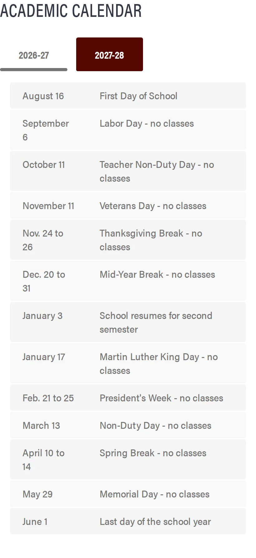 Our screenshot of the Fremont Union High School District Academic Calendar, 2027-28 tab: a table of dates from the first day of school Aug. 16 to the last day of the school year June 1, with Labor Day, the teacher non-duty days, Veterans Day, Thanksgiving break, mid-year break, the second semester start, Martin Luther King Day, President's Week, spring break and Memorial Day.