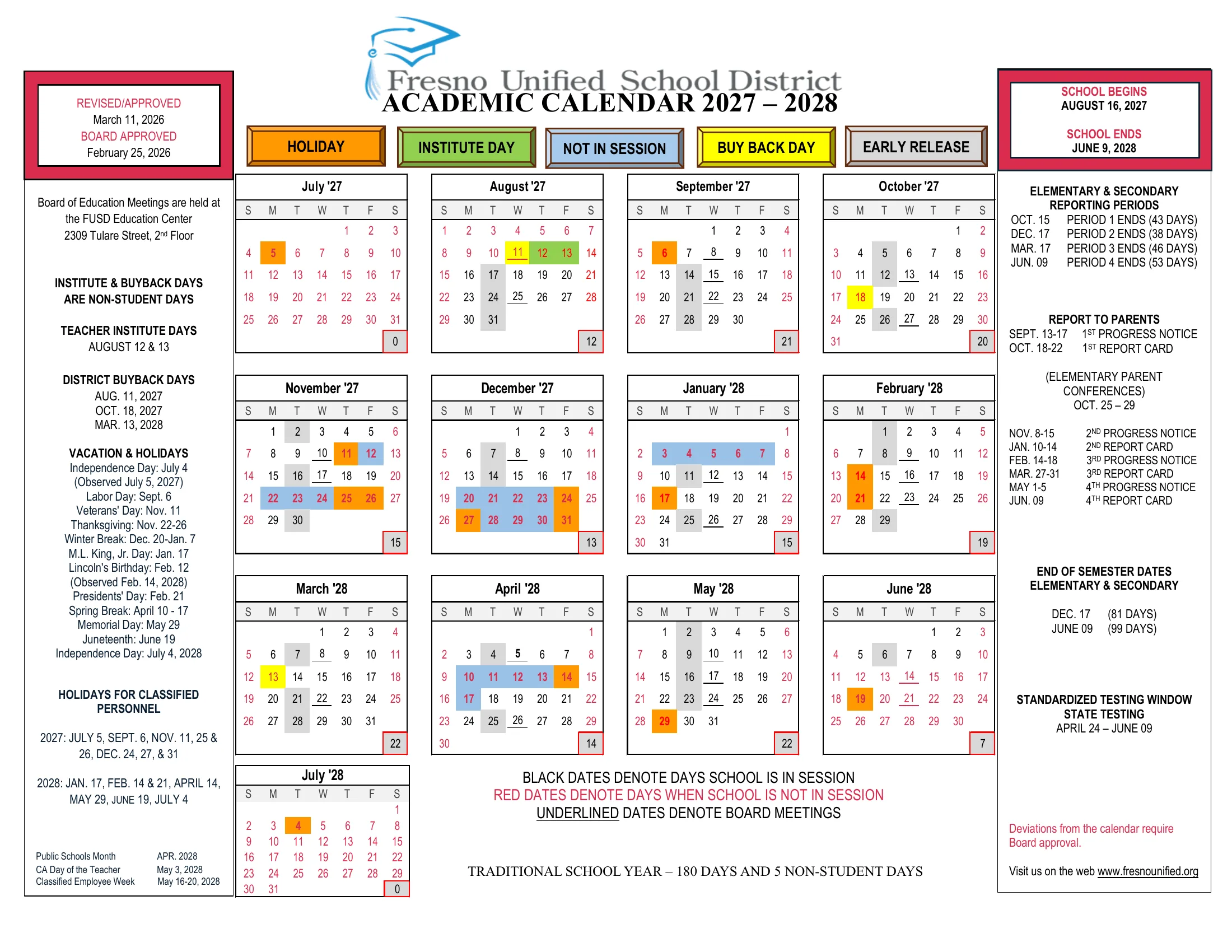The Fresno Unified School District Academic Calendar 2027-2028: month grids from July 2027 to July 2028 with holidays in orange, institute days in green, days not in session in blue, buyback days in yellow and early release Tuesdays in gray, a column of holidays and staff days on the left and reporting periods, report dates and the testing window on the right.