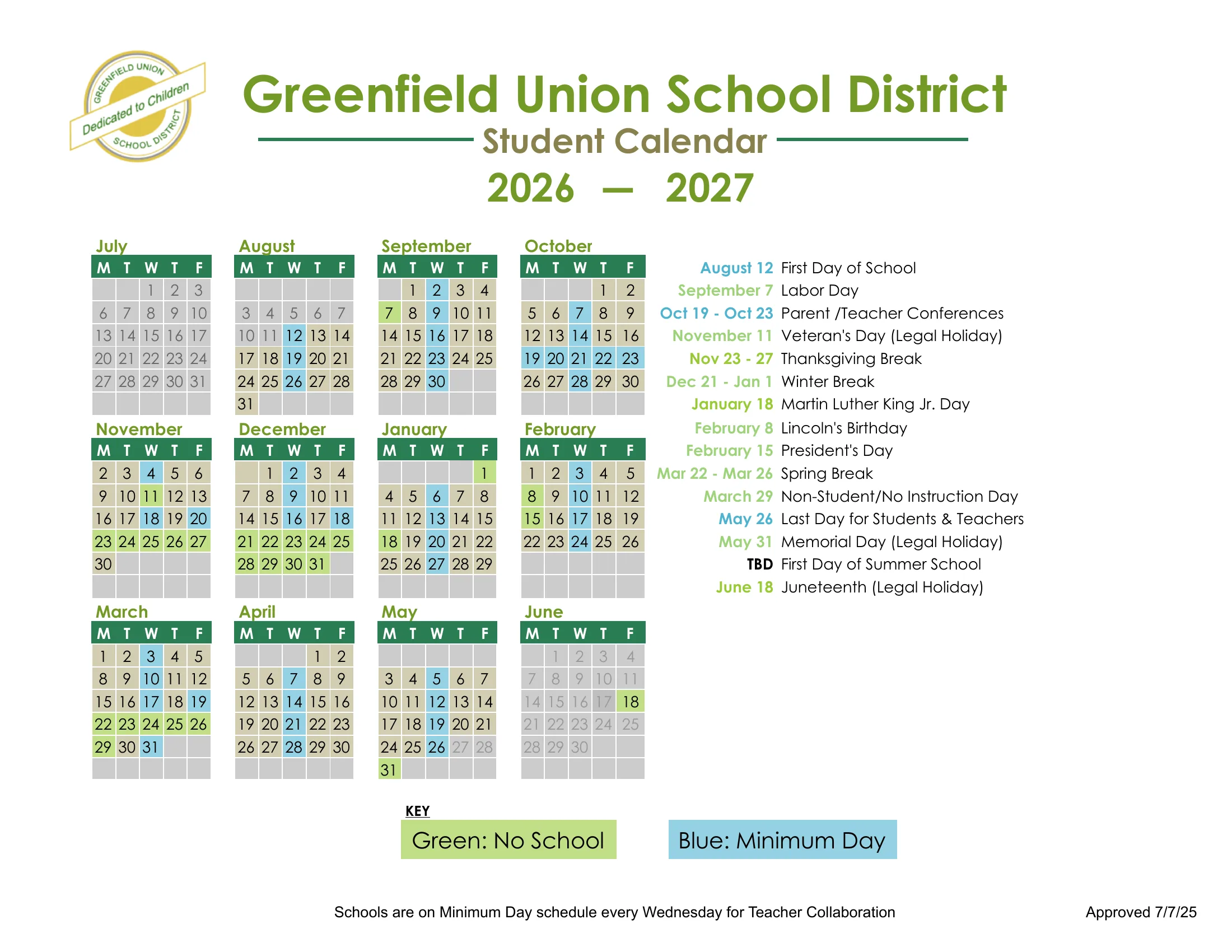 The Greenfield Union School District 2026-2027 student calendar: weekday month grids from July 2026 to June 2027 with days off in green, minimum days in blue, school days in tan, and a list of key dates.