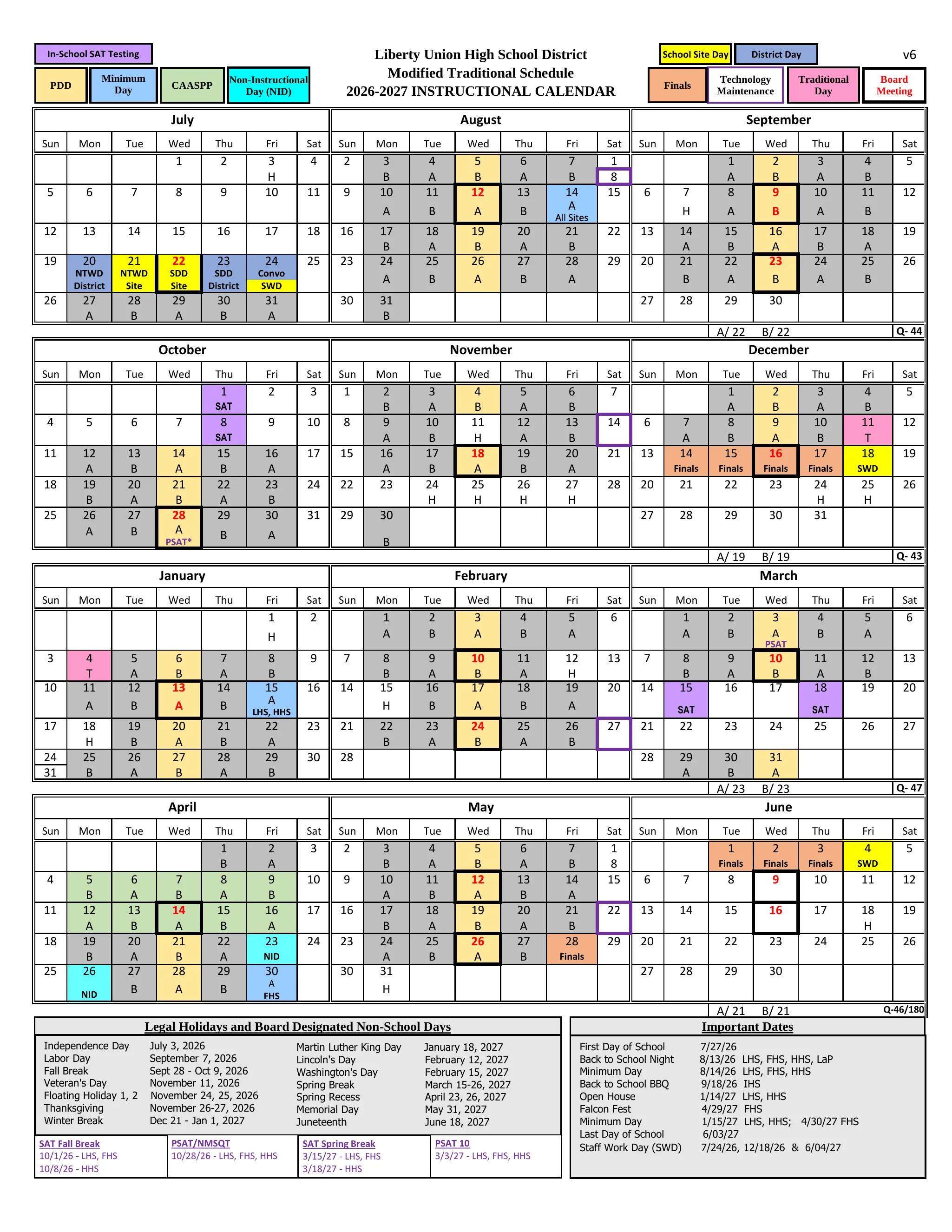 The Liberty Union High School District 2026-2027 instructional calendar on the modified traditional schedule: month grids from July 2026 to June 2027 with A and B days, holidays marked H, fall and spring breaks, minimum days, finals, CAASPP and SAT testing, quarter day counts and lists of holidays and important dates.