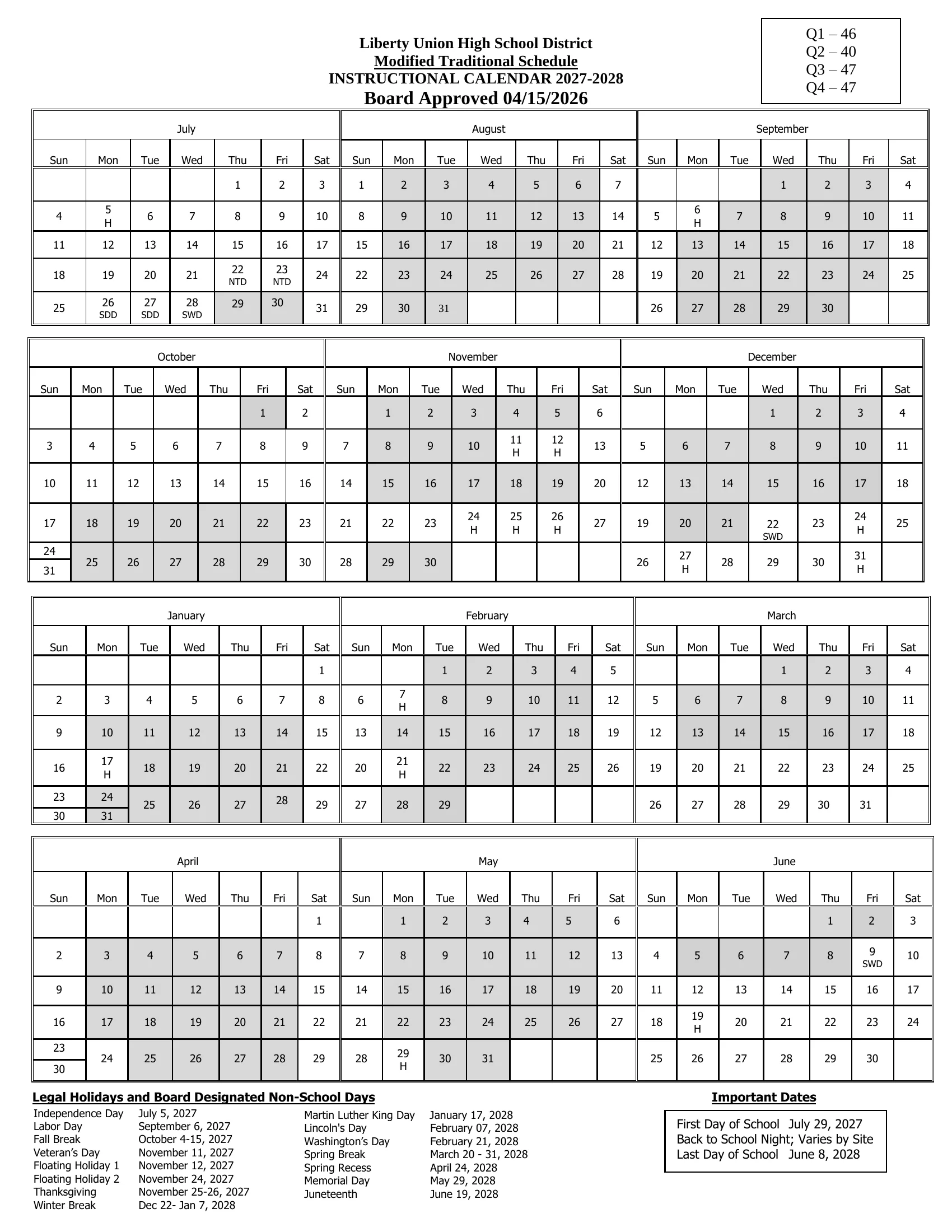 The Liberty Union High School District 2027-2028 instructional calendar on the modified traditional schedule: month grids from July 2027 to June 2028 with school days shaded gray, holidays marked H, staff days, quarter day counts and a list of holidays and non-school days.