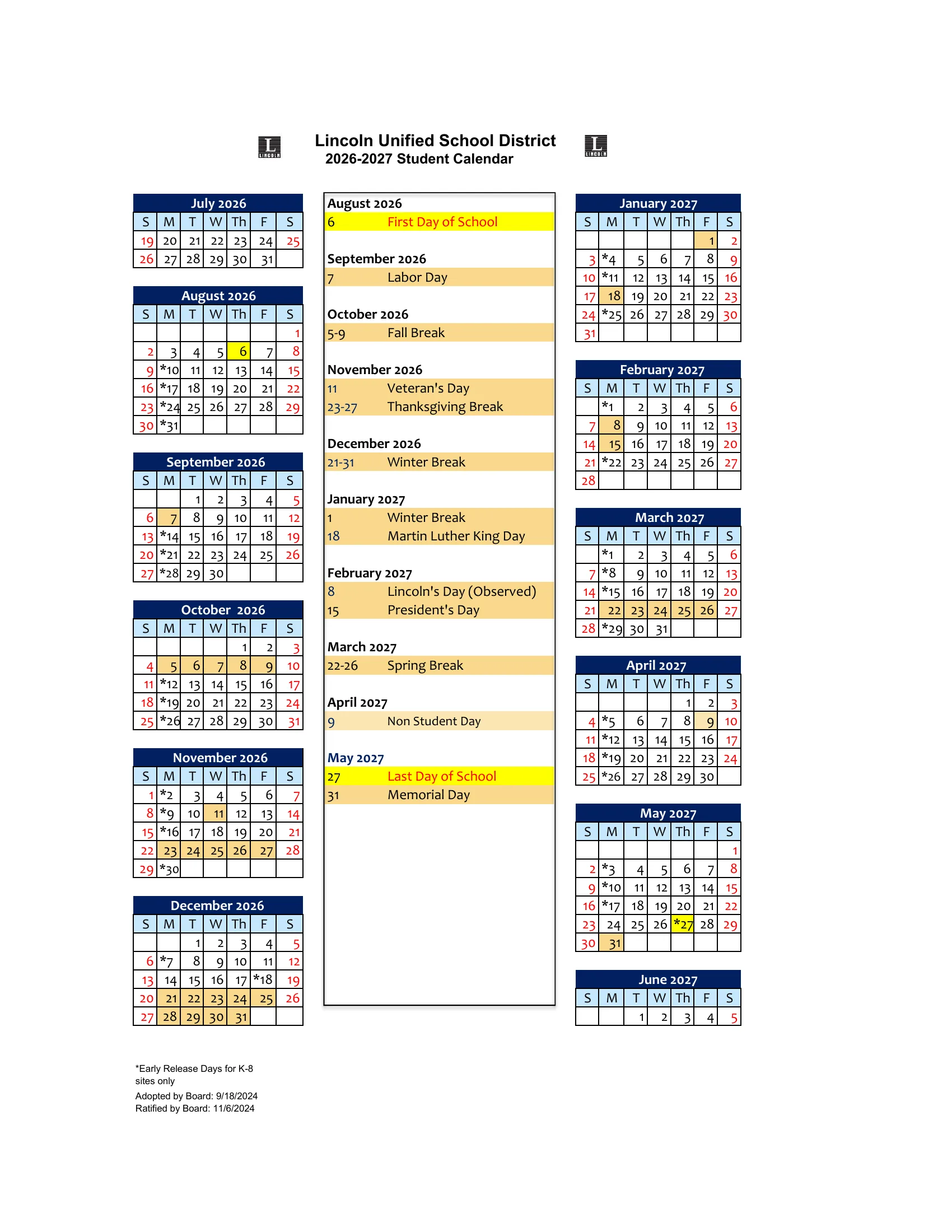 The Lincoln Unified School District 2026-2027 Student Calendar: month grids from July 2026 to June 2027 with holidays and breaks shaded tan, the first and last days in yellow, early release days for K-8 sites starred, and a list of holidays and breaks by month.