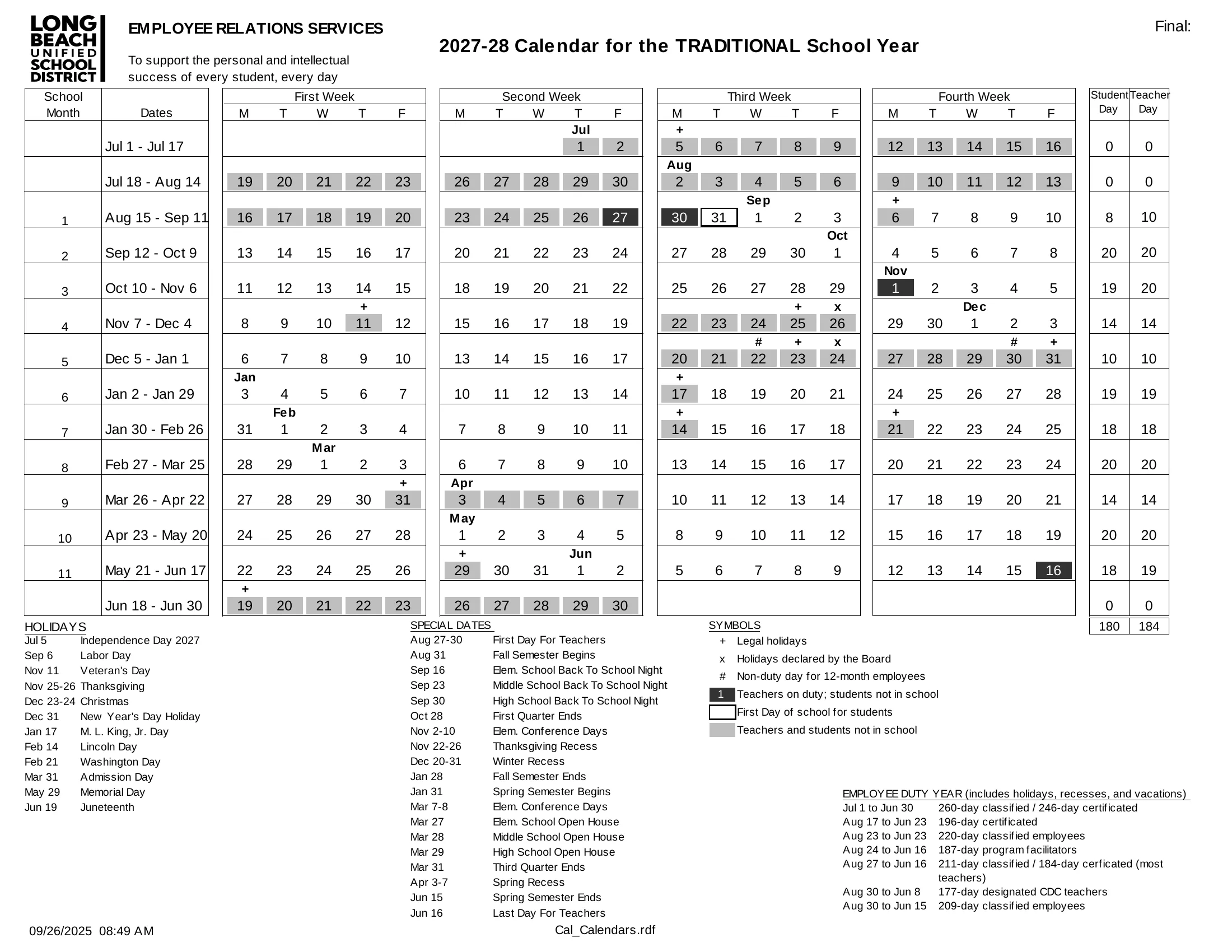 The Long Beach Unified School District 2027-28 Calendar for the Traditional School Year: weekday rows from July 2027 to June 2028 grouped in four-week school months, with days students are not in school shaded, the first day boxed, legal and board holidays marked + and x, student and teacher day counts for each month, and lists of holidays and special dates.