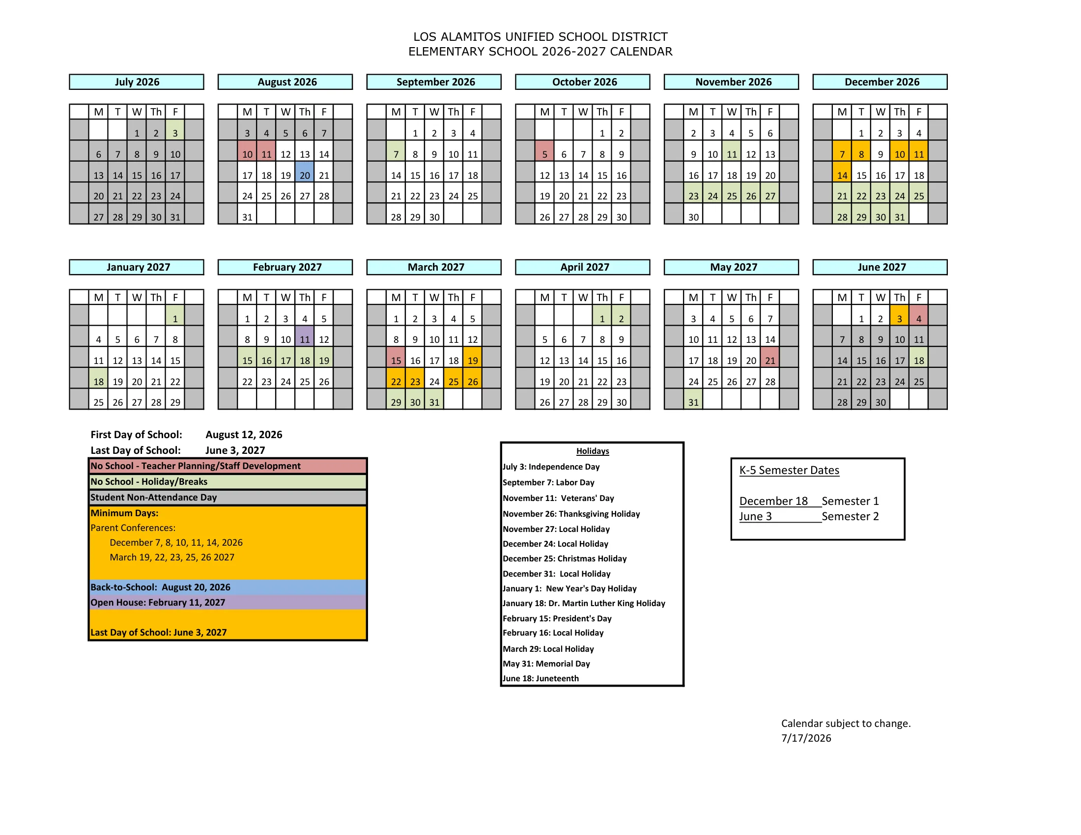 The Los Alamitos Unified elementary school 2026-2027 calendar: weekday month grids from July 2026 to June 2027 with teacher planning and staff development days in red, holidays and breaks in green, student non-attendance days in gray and minimum days in orange, a key, a list of holidays and the K-5 grading dates.