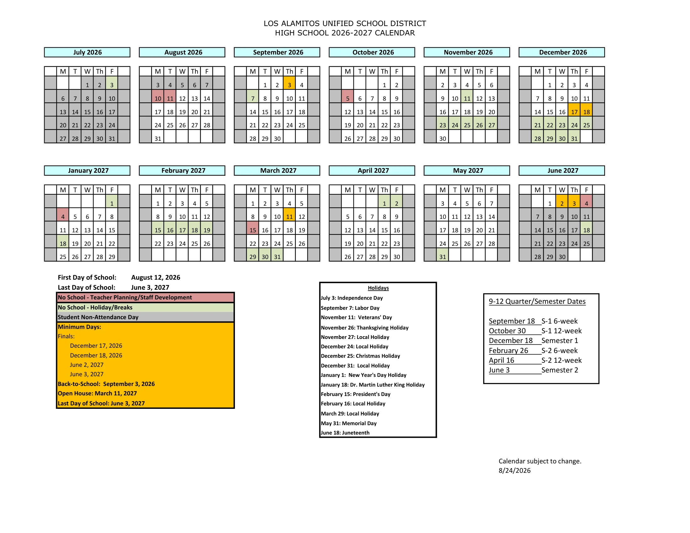 The Los Alamitos Unified high school 2026-2027 calendar: weekday month grids from July 2026 to June 2027 with teacher planning and staff development days in red, holidays and breaks in green, student non-attendance days in gray and minimum days in orange, a key, a list of holidays and the 9-12 grading dates.