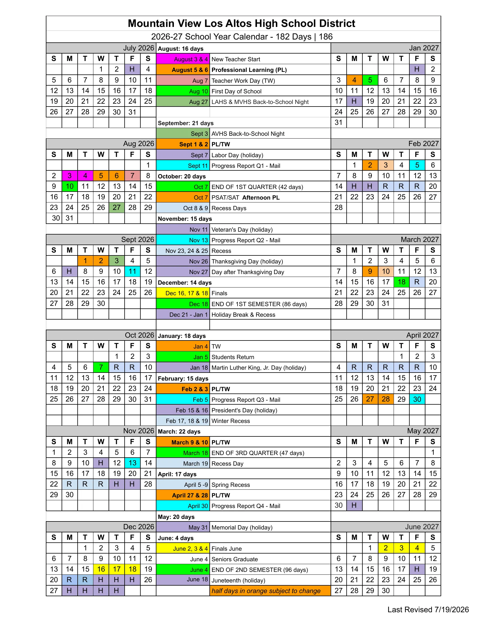 The Mountain View Los Altos High School District 2026-27 School Year Calendar: month grids from July 2026 to June 2027 with holidays marked H, recess days R, the first day and quarter ends in green, professional learning and teacher work days in orange, finals in yellow and progress reports in blue, and a dated list of each month's events with its school-day count.
