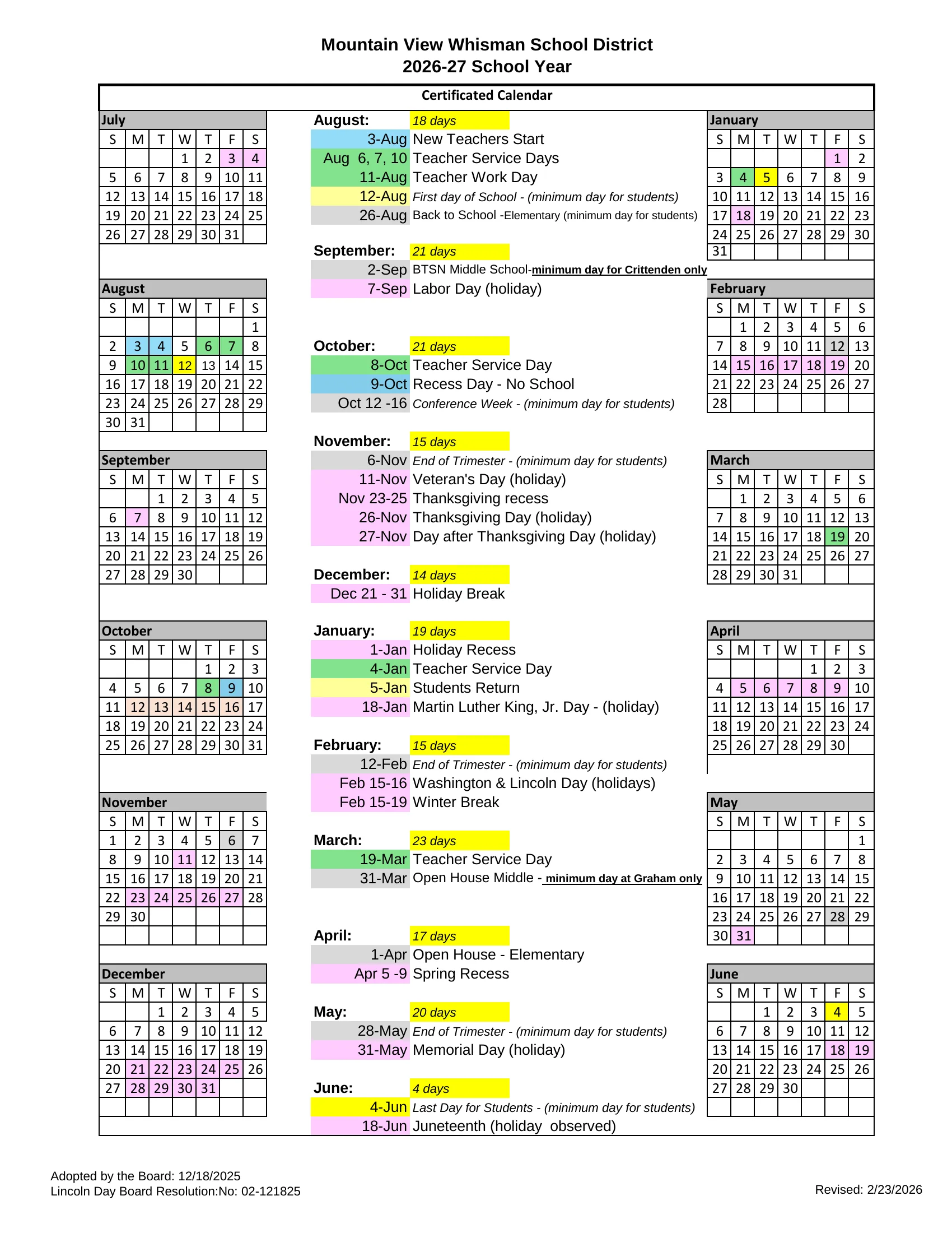 The Mountain View Whisman School District 2026-27 calendar: month grids from July 2026 to June 2027 in two columns, with a dated list in the middle giving each month's day count and every holiday, break, teacher day and minimum day; holidays and breaks in pink, teacher service days in green, the recess day and new teacher days in blue, minimum days in gray and the first and last days in yellow.