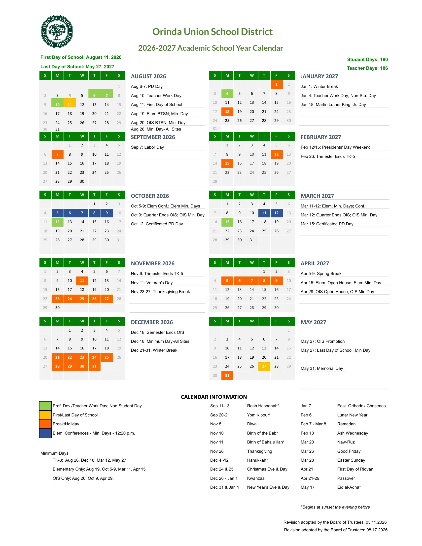 The Orinda Union School District 2026-2027 Academic School Year Calendar: month grids from August 2026 to May 2027 with professional development and teacher work days in green, first and last days in yellow, breaks and holidays in orange and elementary conference minimum days in blue, a list of dates beside each month, the minimum day list and a list of religious and cultural observances.