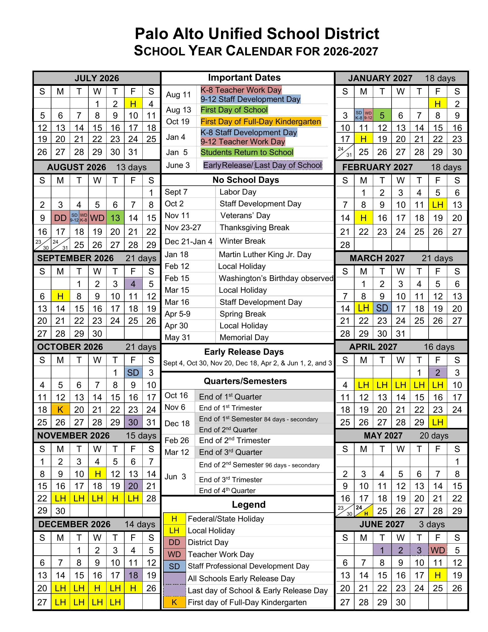 The Palo Alto Unified School District School Year Calendar for 2026-2027: month grids from July 2026 to June 2027 with school day counts, holidays in yellow, staff days in red and blue, early release days in purple and the first day of full-day kindergarten in orange, beside lists of important dates, no school days, early release days, quarters, semesters and trimesters, and a legend.
