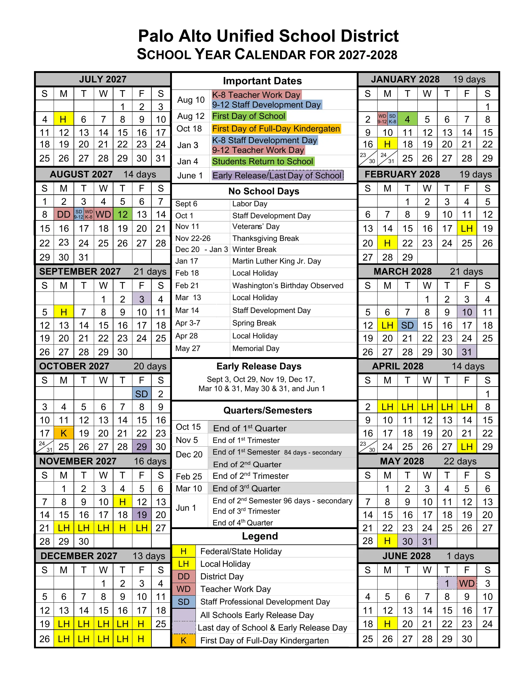 The Palo Alto Unified School District School Year Calendar for 2027-2028: month grids from July 2027 to June 2028 with school day counts, holidays in yellow, staff days in red and blue, early release days in purple and the first day of full-day kindergarten in orange, beside lists of important dates, no school days, early release days, quarters, semesters and trimesters, and a legend.