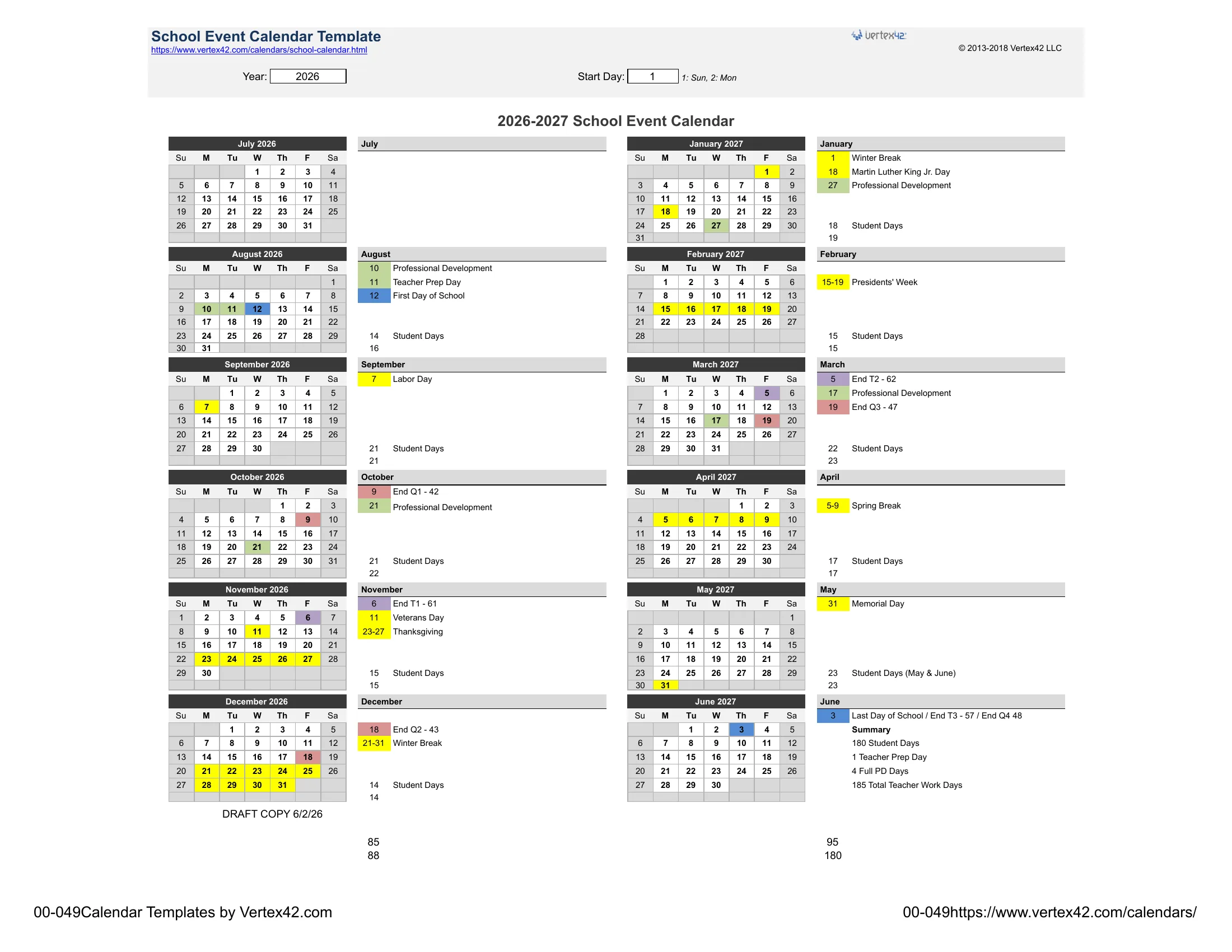 The San Marino Unified 2026-2027 School Event Calendar: month grids from July 2026 to June 2027 with holidays and breaks in yellow, professional development days in green, the first and last day in blue and quarter and trimester ends in red and purple, monthly student day counts and a summary of 180 student days.