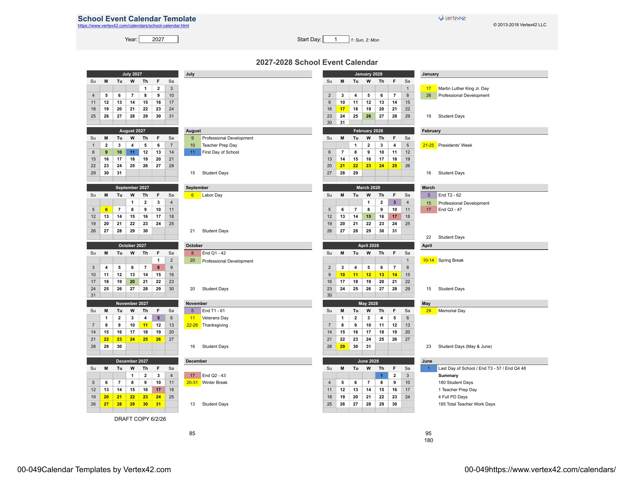 The San Marino Unified 2027-2028 School Event Calendar: month grids from July 2027 to June 2028 with holidays and breaks in yellow, professional development days in green, the first and last day in blue and quarter and trimester ends in red and purple, monthly student day counts and a summary of 180 student days.