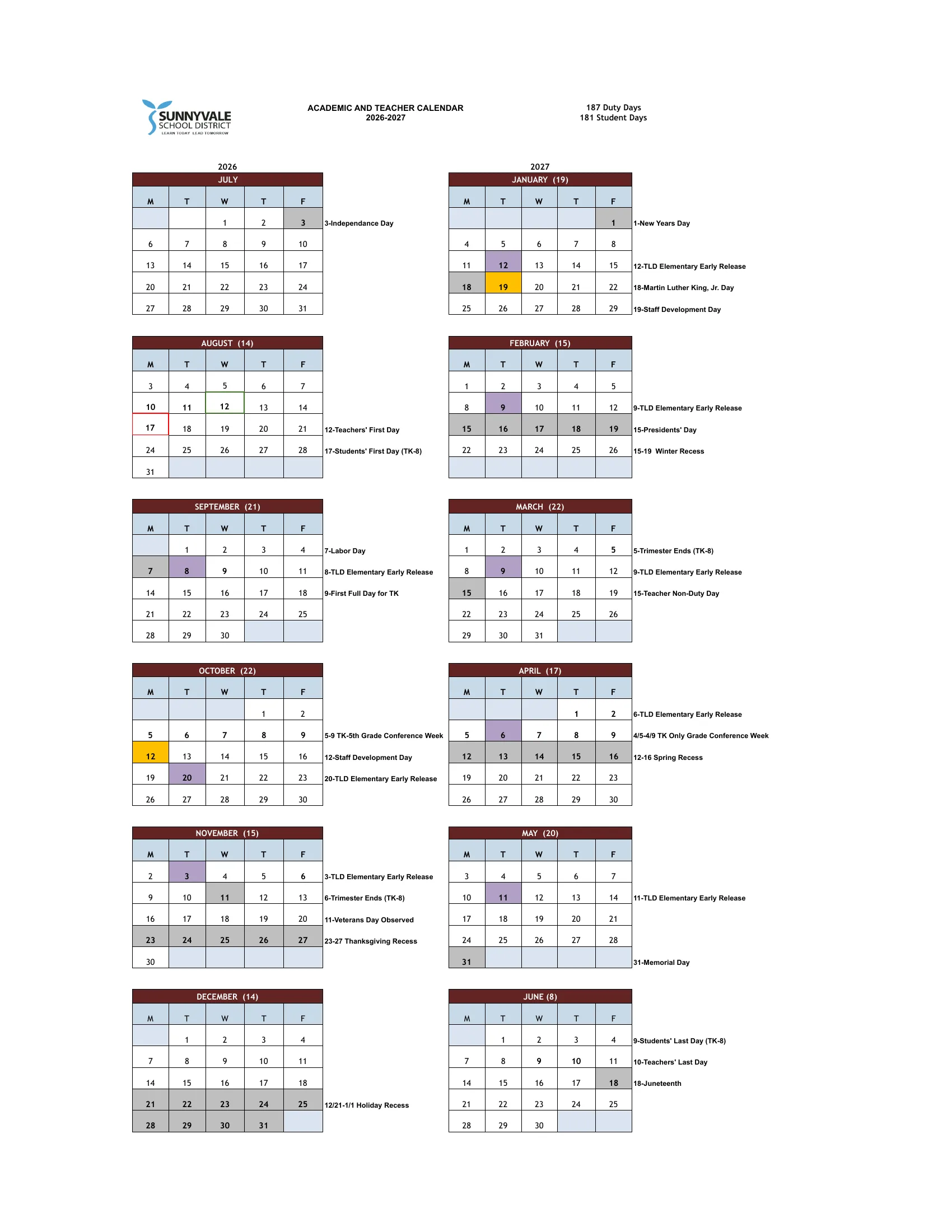 The Sunnyvale School District 2026-2027 academic and teacher calendar: weekday grids from July 2026 to June 2027 with each month's duty-day count, days off in gray, elementary early release days in purple, staff development days in gold, and each month's dates listed beside its grid; 187 duty days and 181 student days.
