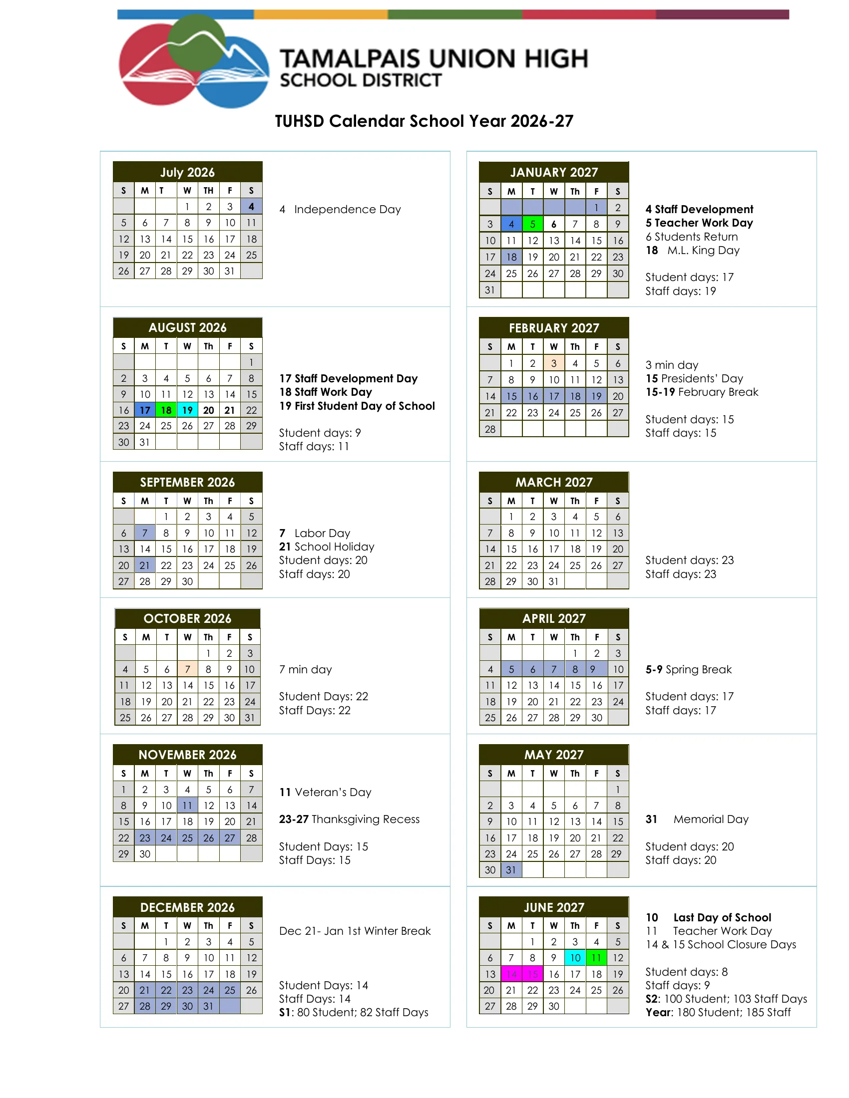 The TUHSD Calendar for School Year 2026-27: month grids from July 2026 to June 2027 with days off shaded blue, staff and work days and the first and last day in color, minimum days in peach, the dates listed beside each month and student and staff day counts by month, semester and year.