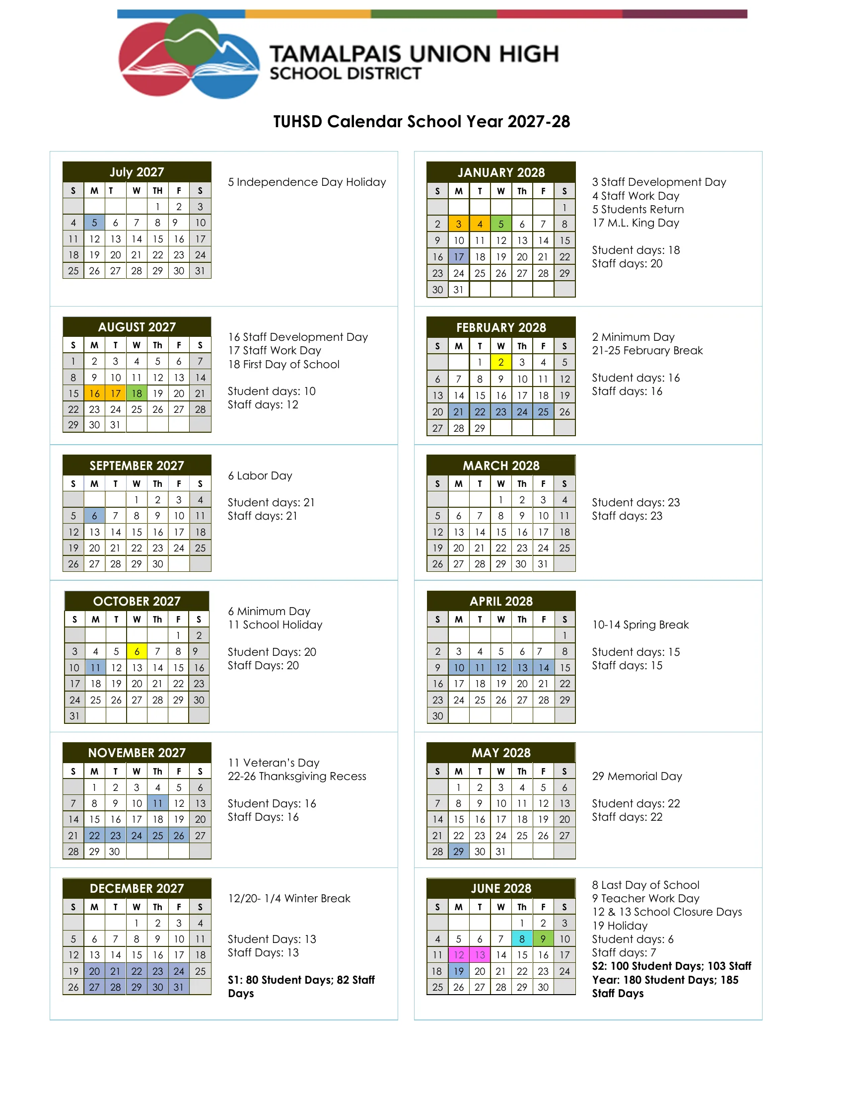 The TUHSD Calendar for School Year 2027-28: month grids from July 2027 to June 2028 with days off shaded blue, staff and work days and the first and last day in color, minimum days in yellow, the dates listed beside each month and student and staff day counts by month, semester and year.