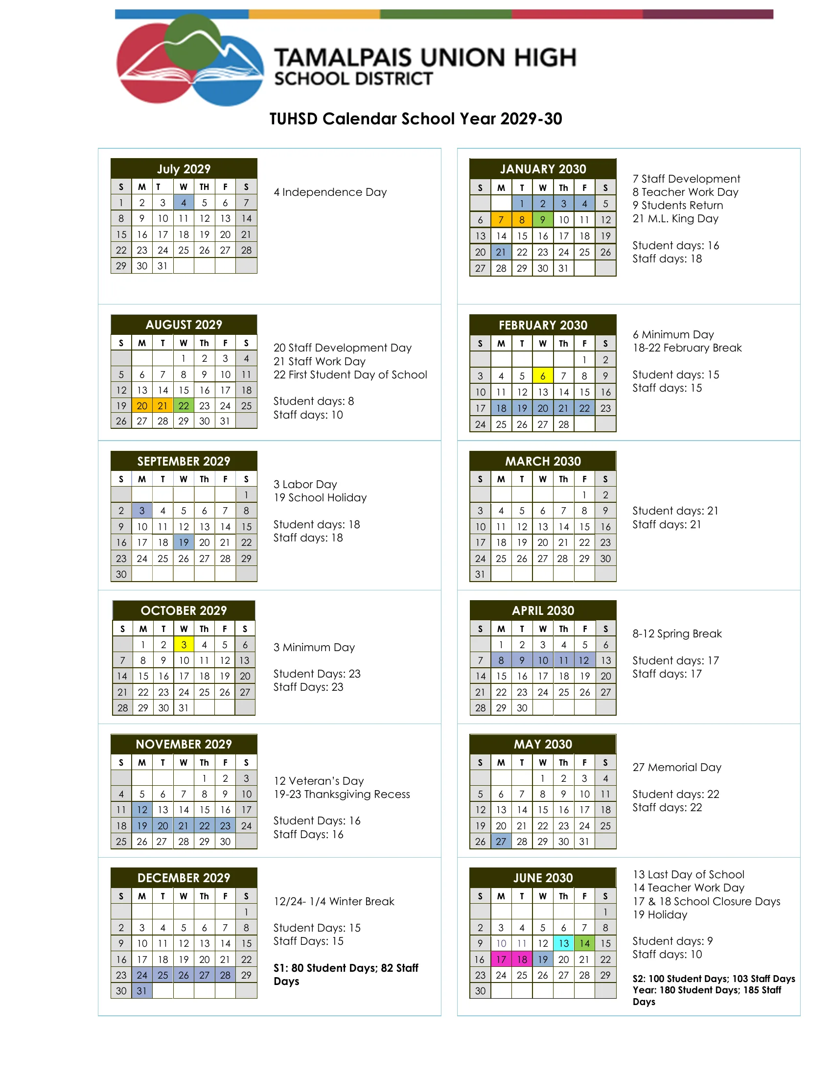 The TUHSD Calendar for School Year 2029-30: month grids from July 2029 to June 2030 with days off shaded blue, staff and work days and the first and last day in color, minimum days in yellow, the dates listed beside each month and student and staff day counts by month, semester and year.