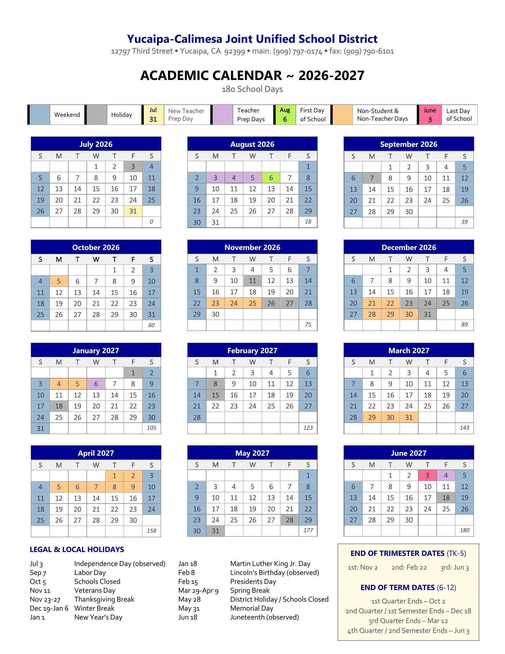The Yucaipa-Calimesa Joint Unified 2026-27 academic calendar: twelve month grids from July 2026 to June 2027 with holidays in gray, teacher prep days in purple, non-student days in orange, the first day in green and the last day in pink, the running count of school days under each month, the holiday list and the trimester and quarter end dates.