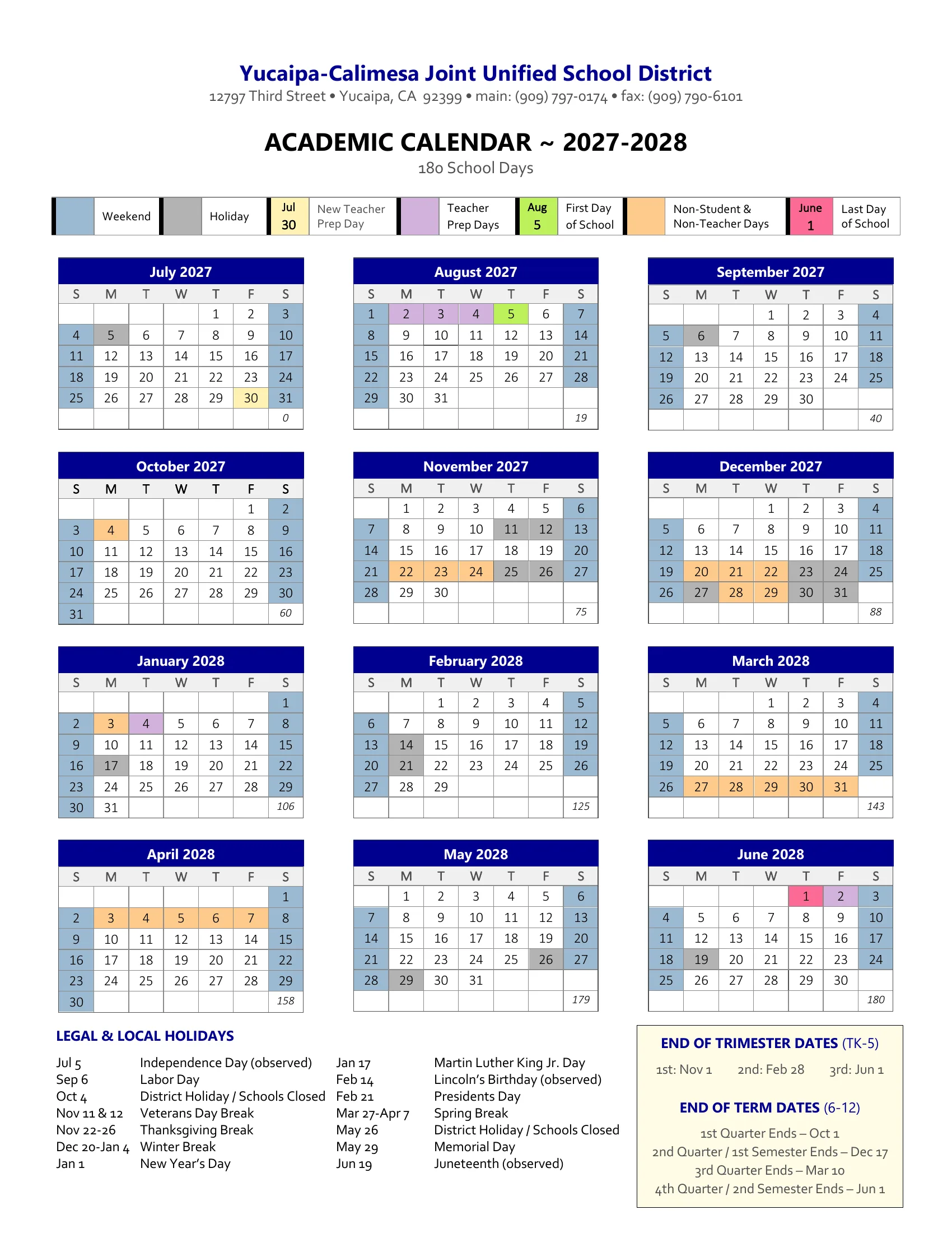 The Yucaipa-Calimesa Joint Unified 2027-28 academic calendar: twelve month grids from July 2027 to June 2028 with holidays in gray, teacher prep days in purple, non-student days in orange, the first day in green and the last day in pink, the running count of school days under each month, the holiday list and the trimester and quarter end dates.
