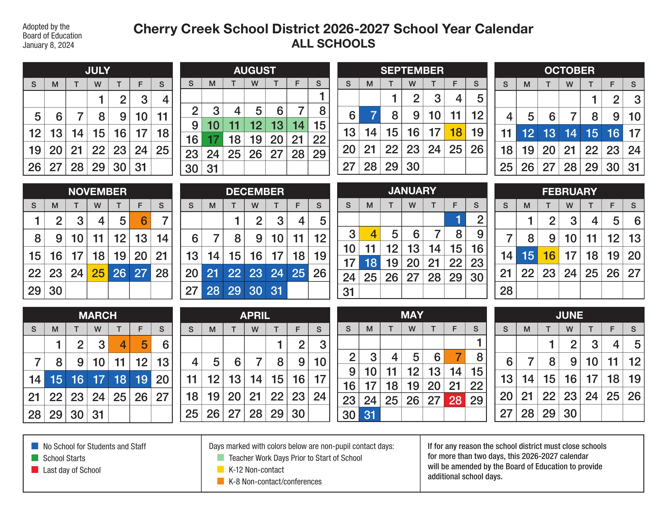 The Cherry Creek School District 2026-2027 School Year Calendar for all schools: month grids from July 2026 to June 2027 with no-school days in blue, teacher work days in light green, the first day in green, the last day in red, K-12 non-contact days in yellow and K-8 non-contact and conference days in orange.