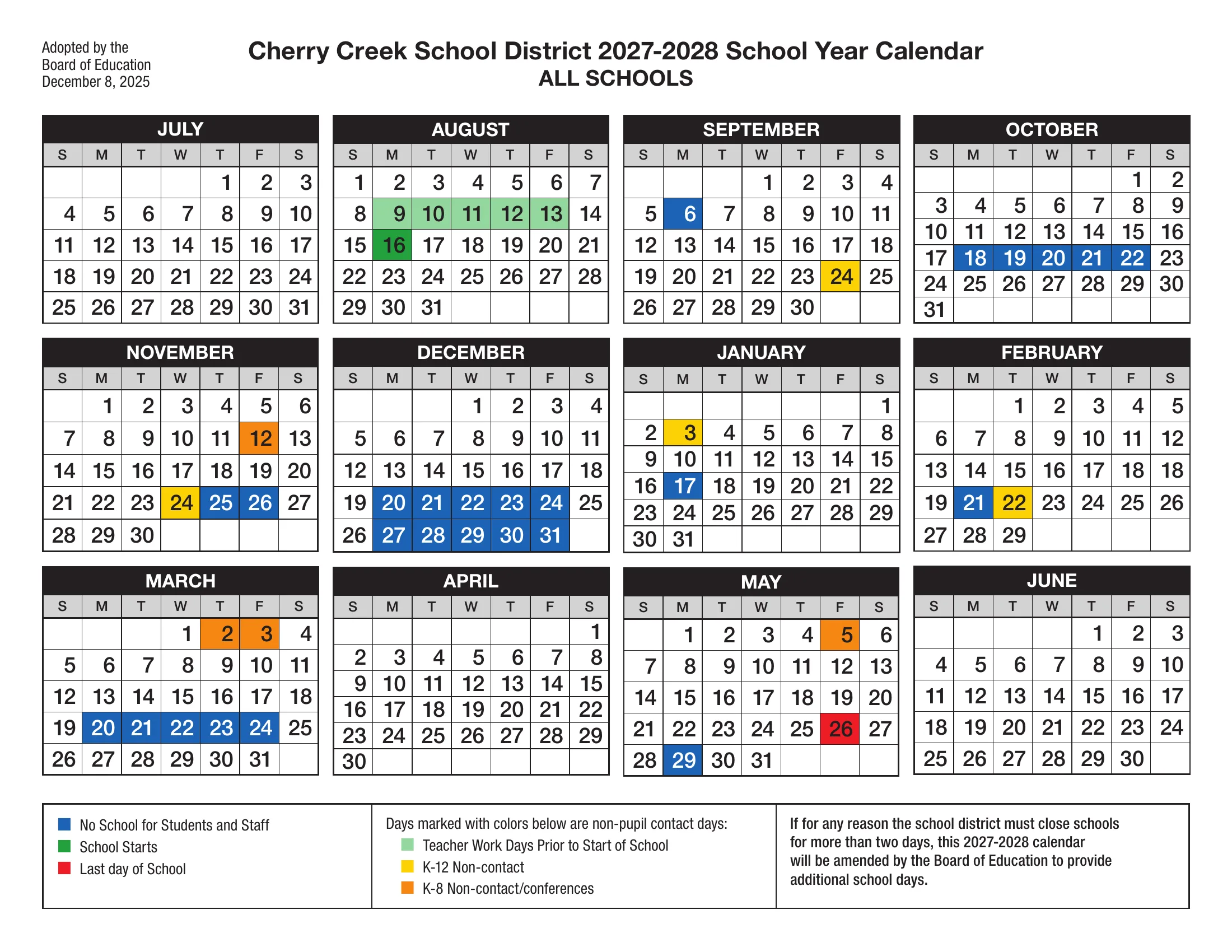 The Cherry Creek School District 2027-2028 School Year Calendar for all schools: month grids from July 2027 to June 2028 with no-school days in blue, teacher work days in light green, the first day in green, the last day in red, K-12 non-contact days in yellow and K-8 non-contact and conference days in orange.
