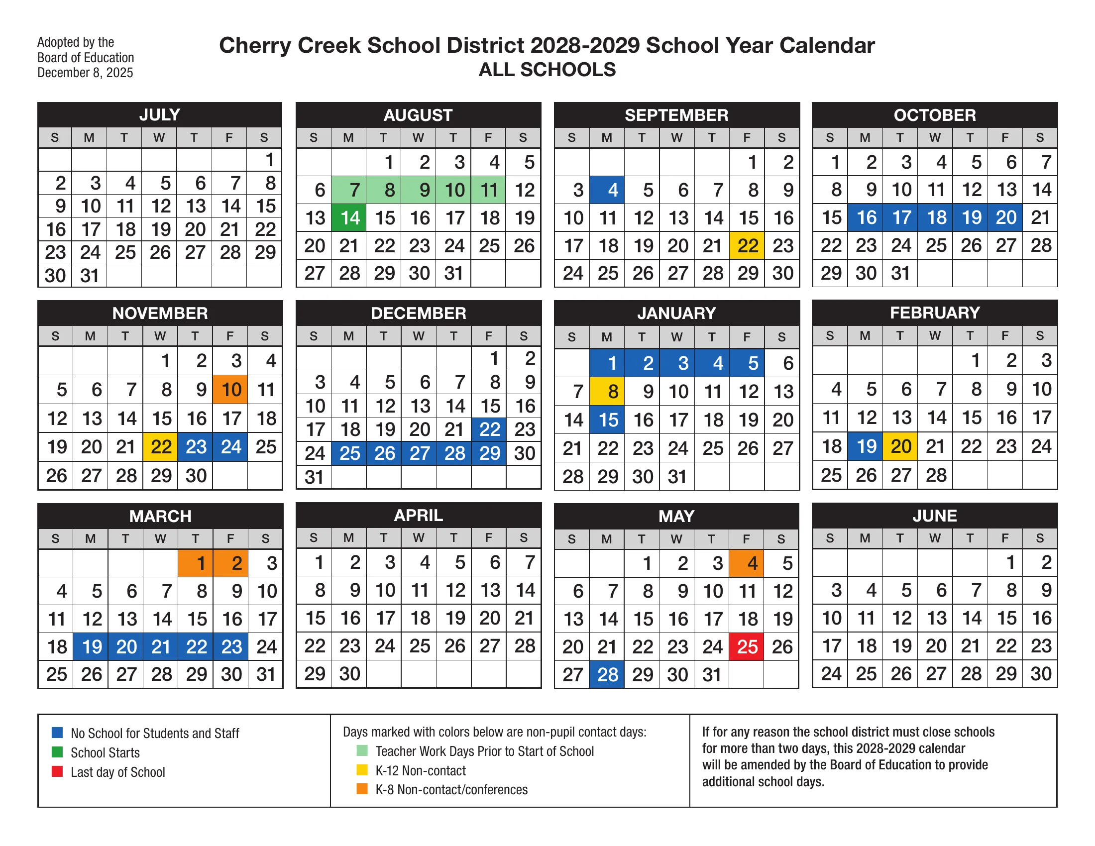 The Cherry Creek School District 2028-2029 School Year Calendar for all schools: month grids from July 2028 to June 2029 with no-school days in blue, teacher work days in light green, the first day in green, the last day in red, K-12 non-contact days in yellow and K-8 non-contact and conference days in orange.