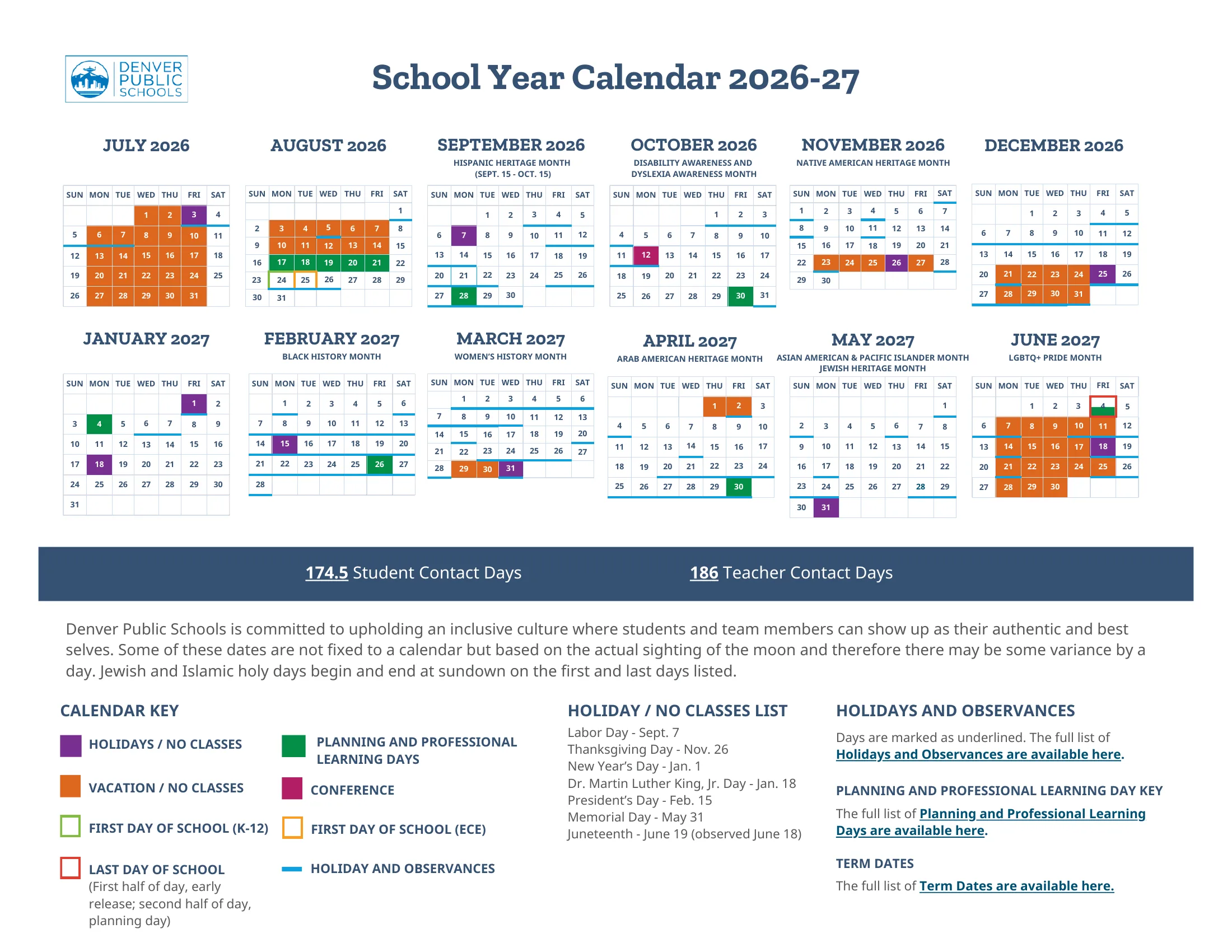 The Denver Public Schools School Year Calendar 2026-27: twelve month grids from July 2026 to June 2027 with holidays in purple, vacation days in orange, planning and professional learning days in green, a conference day in magenta, the first and last days outlined, observances underlined in blue, the 174.5 student contact days and a key with the holiday list.